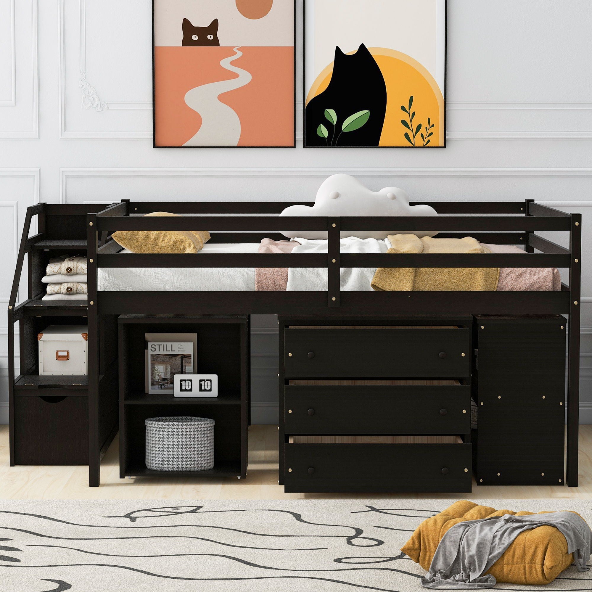 Loft Bed With Retractable Writing Desk And 3 Drawers With Storage Stairs And Shelves