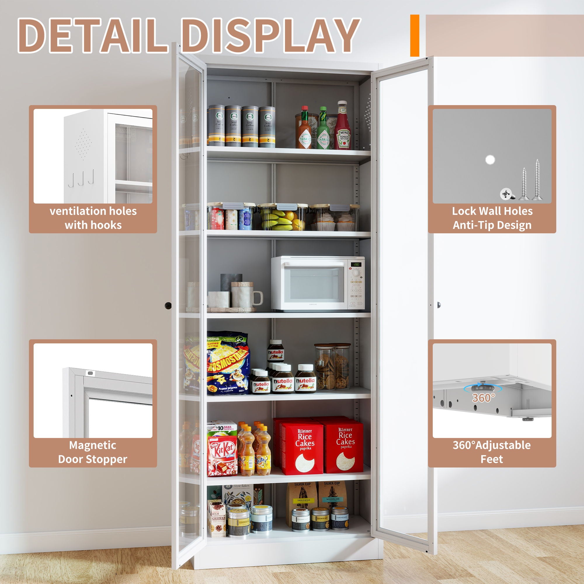 Kitchen Pantry Cabinet With 5 Adjustable Shelves, Freestanding Storage For Kitchen - White