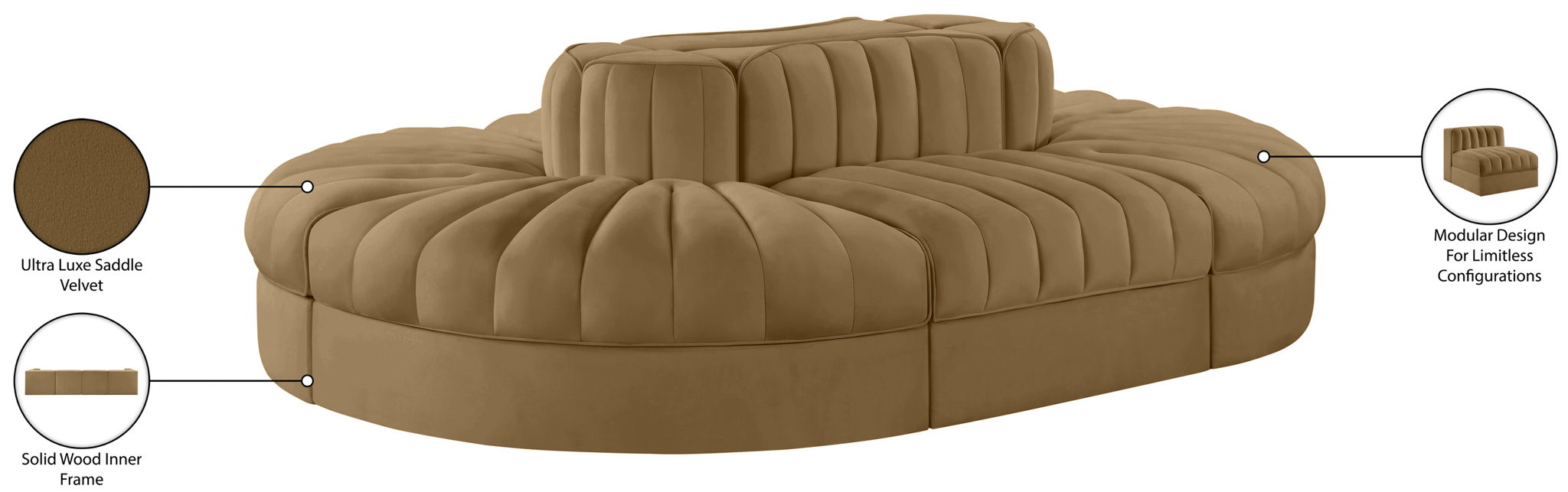 Rummi - Oval Velvet Performance Fabric Upholstered 6 Piece Modular Sectional