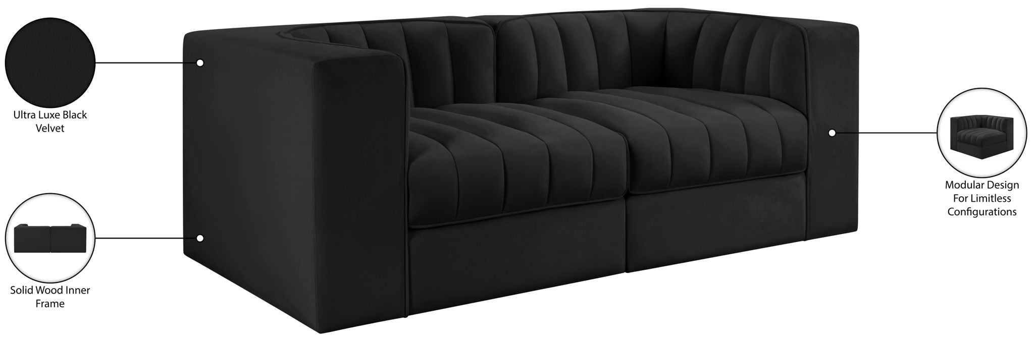 Rummi - Velvet Performance Fabric Upholstered 2 Piece Modular Loveseat