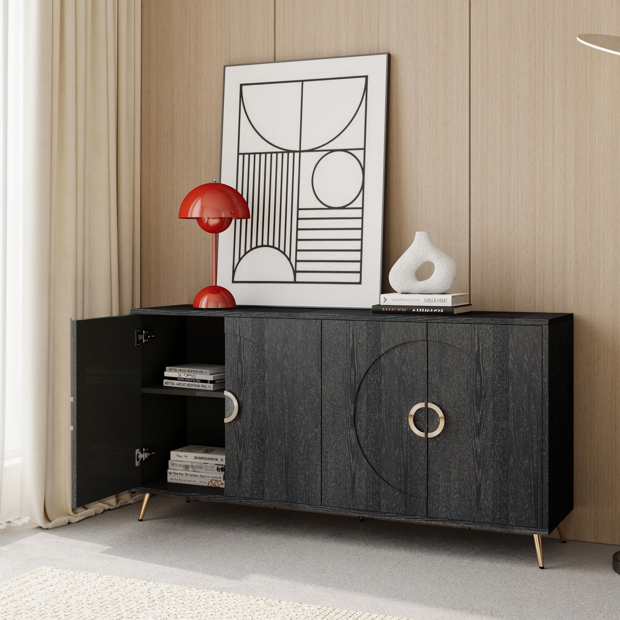 Modern Lacquered 4 Door Wooden Cabinet Sideboard Buffet Server Cabinet Storage Cabinet, For Living Room, Entryway, Hallway, Office, Kitchen And Dining Room