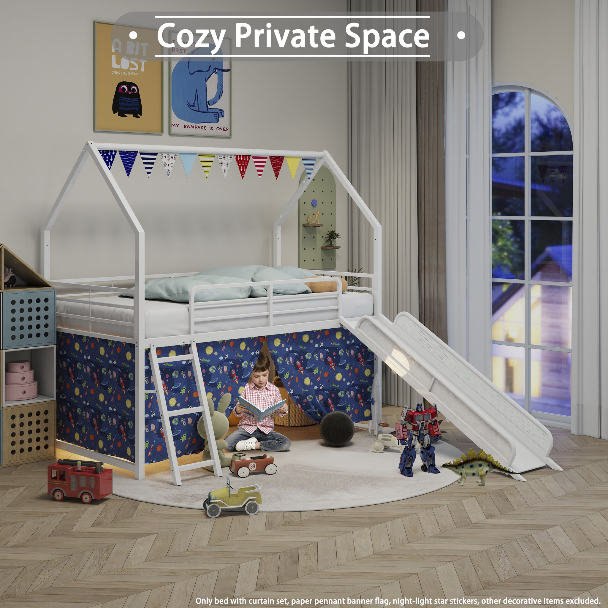 Jack - House Loft Bed With Slide And Curtain Set