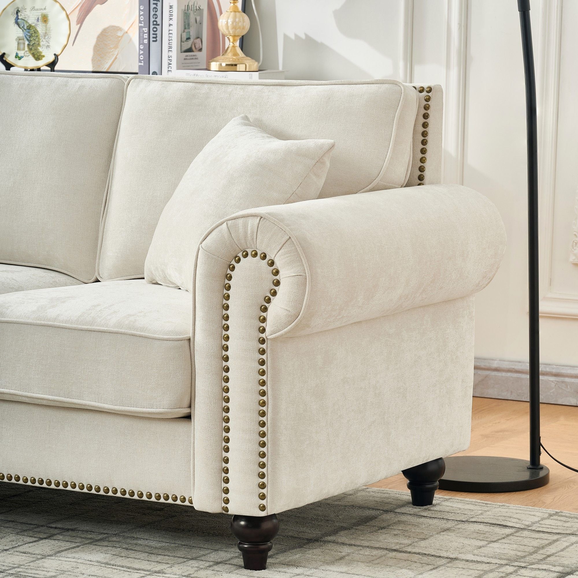 3 Seater Sofa With Tufted Upholstery, Rolled Arms, Nailhead Trim