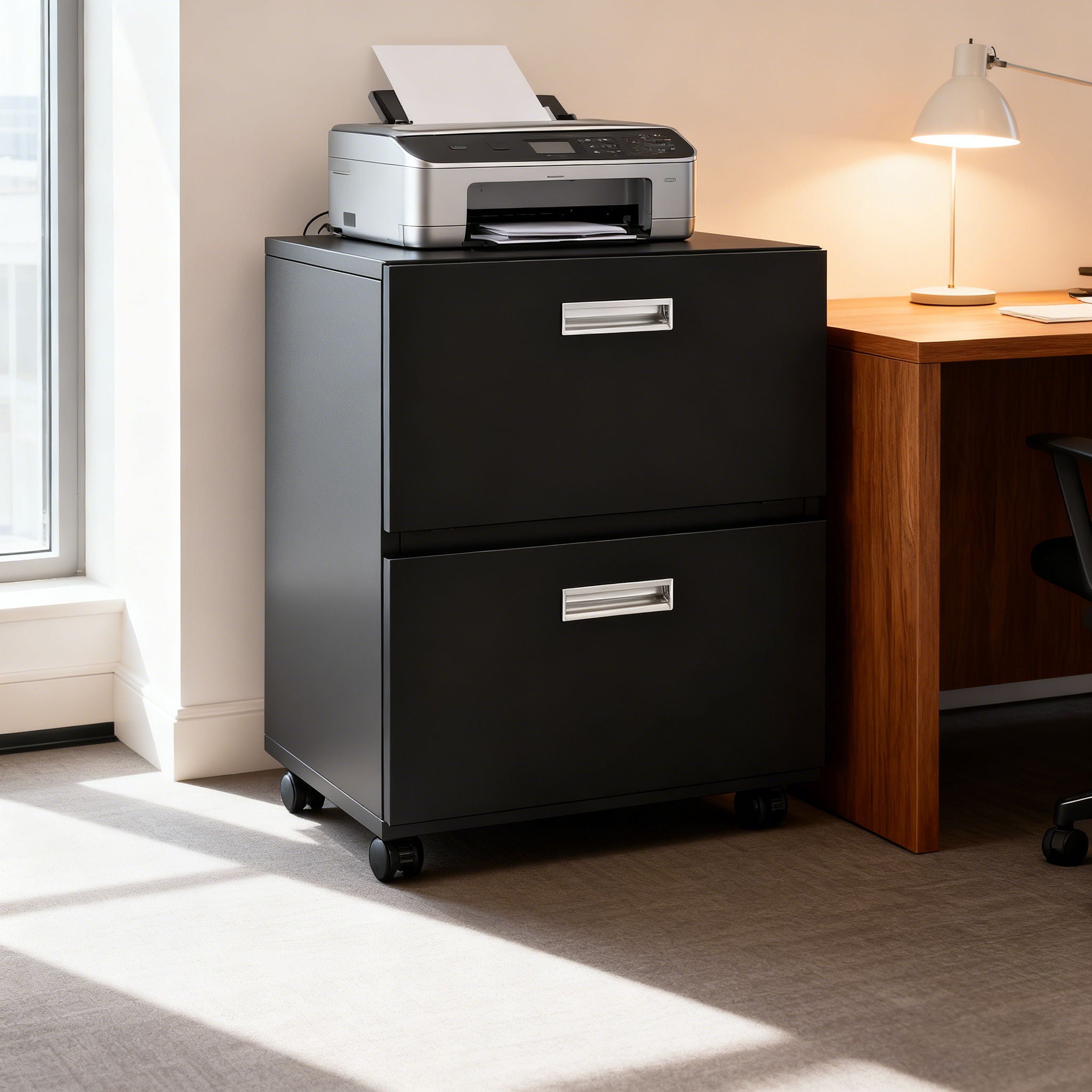 Office Furniture Copier Cabinet 2 Door Steel Copier Stand Mobile Pedestal File Printer Stand - Black