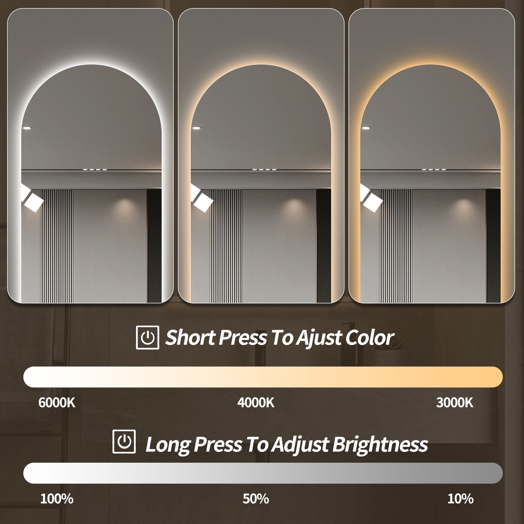 LED Full Length Wall Mirror With Symmetrical Arch Design, 3 Color Dimmable Lighting - Silver