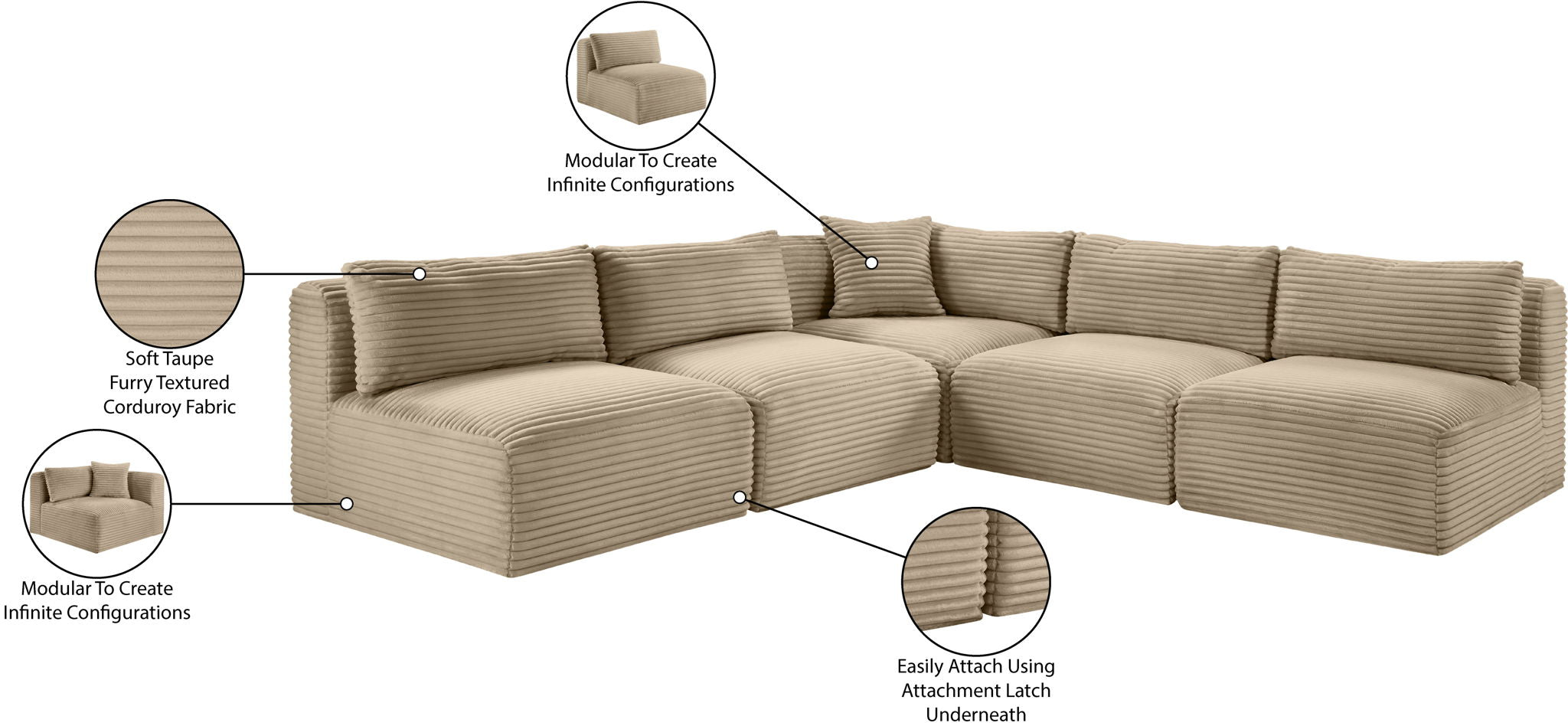 Shaggy - Fabric 5 Piece Modular Corner Armless Sectional