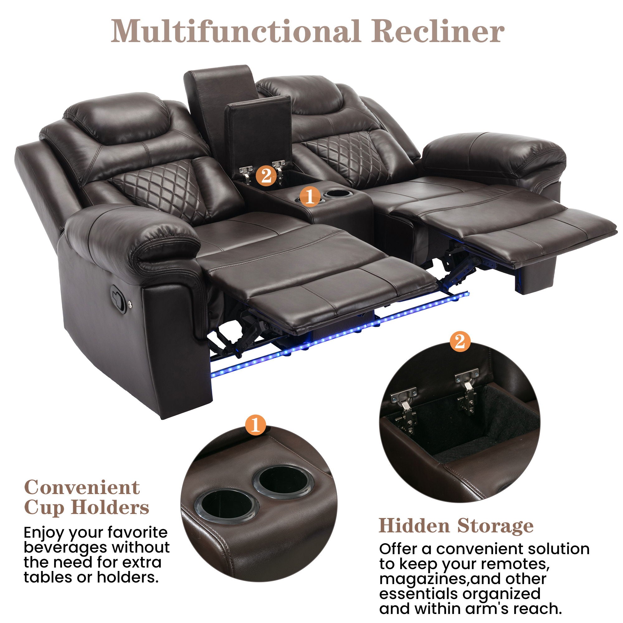 3 Pieces Recliner Sofa Sets Home Theater Seating Manual Recliner Chair & Center Console And LED Light Strip For Living Room - Brown