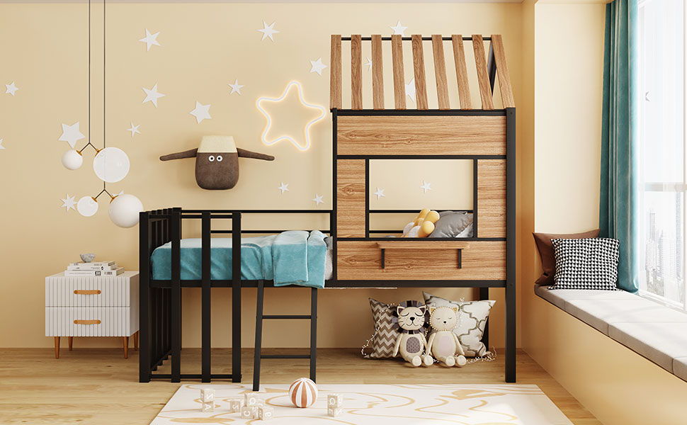 Loft Bed With Roof, Window, Guardrail, Ladder
