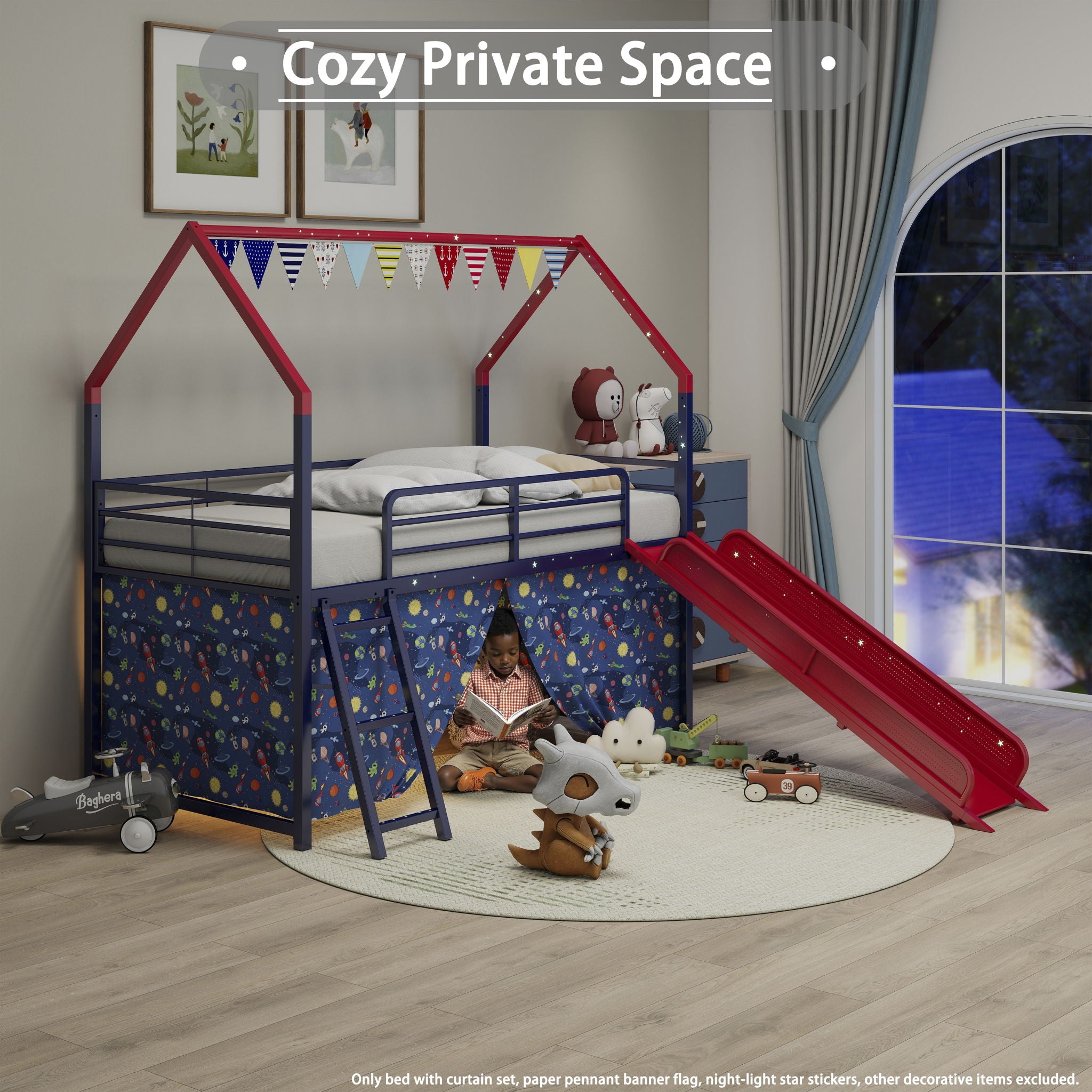 Jack - House Loft Bed With Slide And Curtain Set