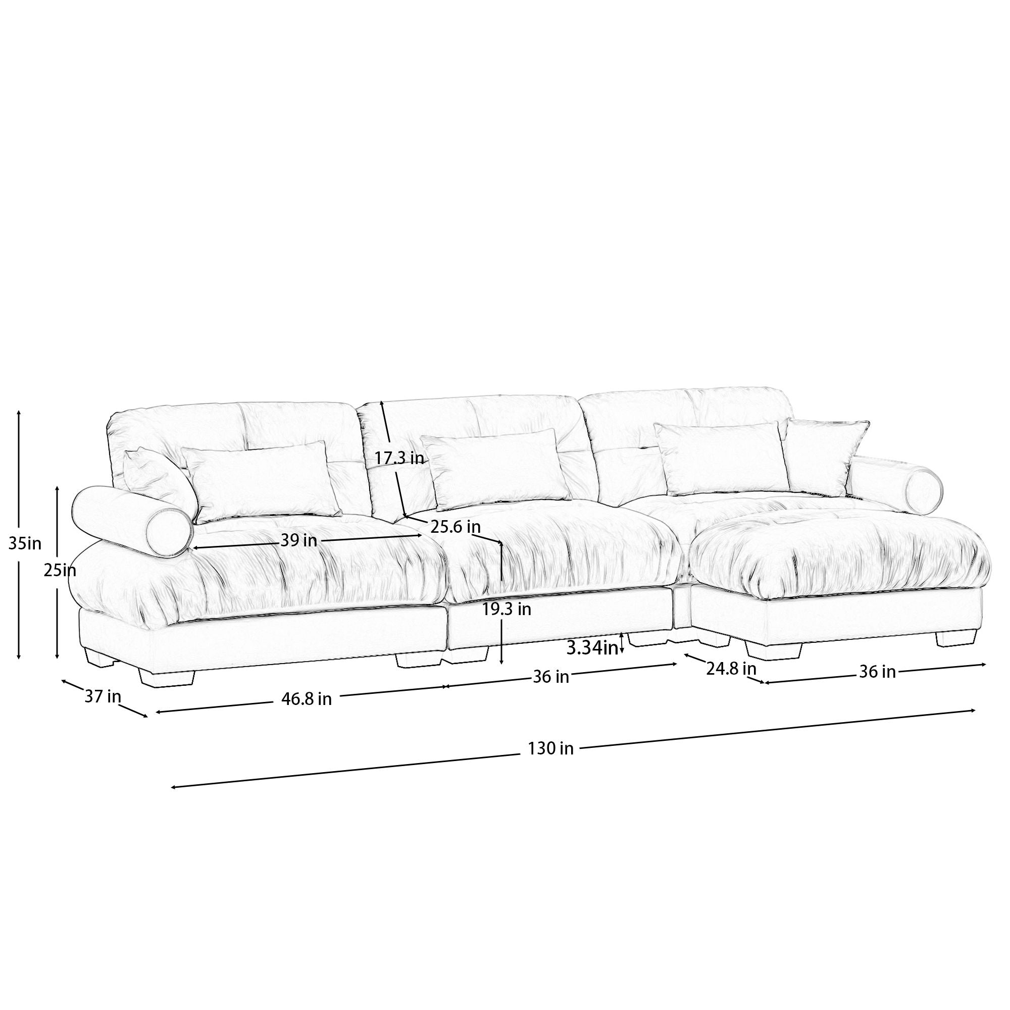 Modern Sectional Sofa With Ottoman, Round Bolster Armrests, Waist And Throw Pillows