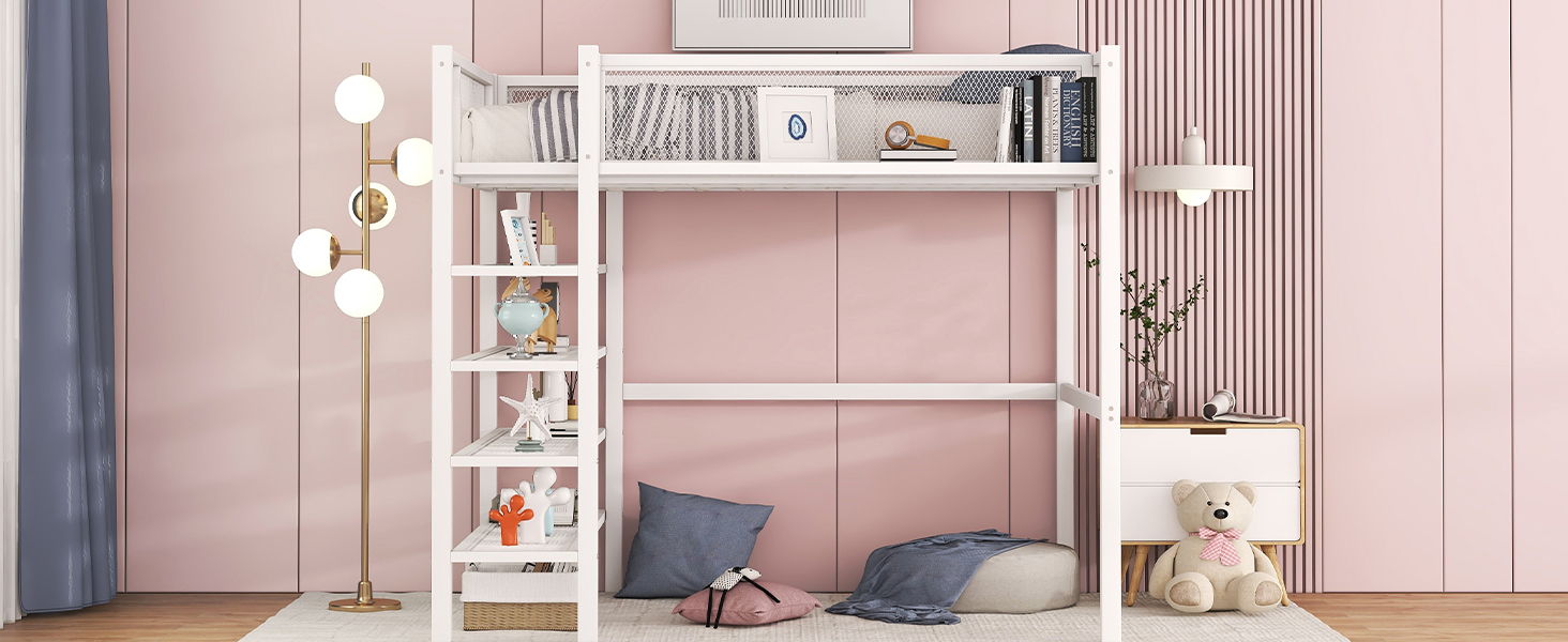 Loft Bed With 4 Tier Shelves And Storage