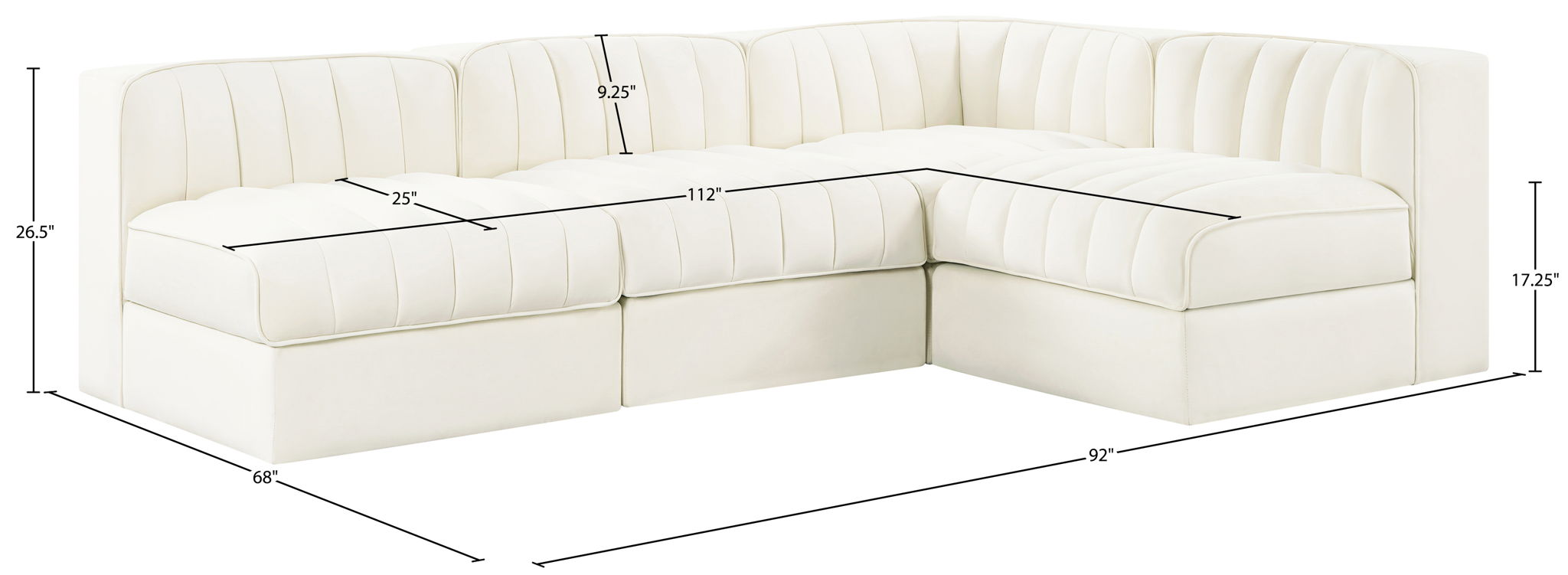 Rummi - Armless Velvet Performance Fabric Upholstered 4 Piece Modular Sectional