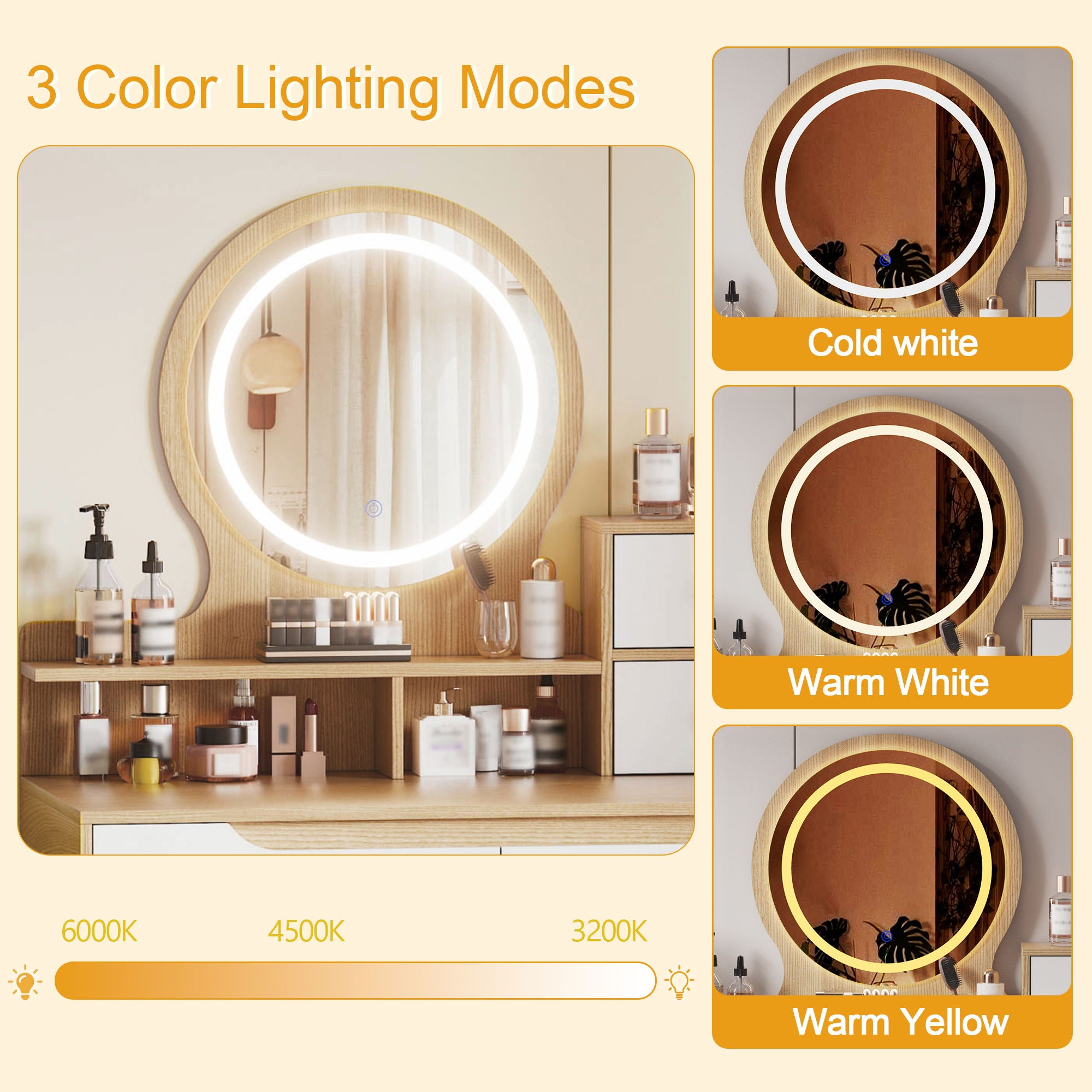 Elegant Makeup Vanity Desk With Adjustable Lighted Mirror Table Feet - American White Oak