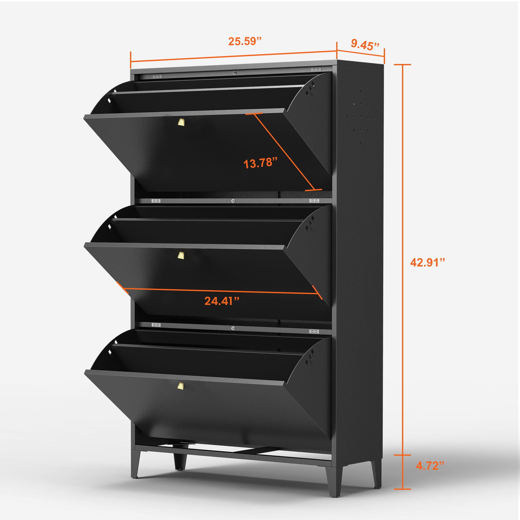 3 Drawer All Steel Shoe Cabinet, Freestanding Storage Organizer With Flip Door