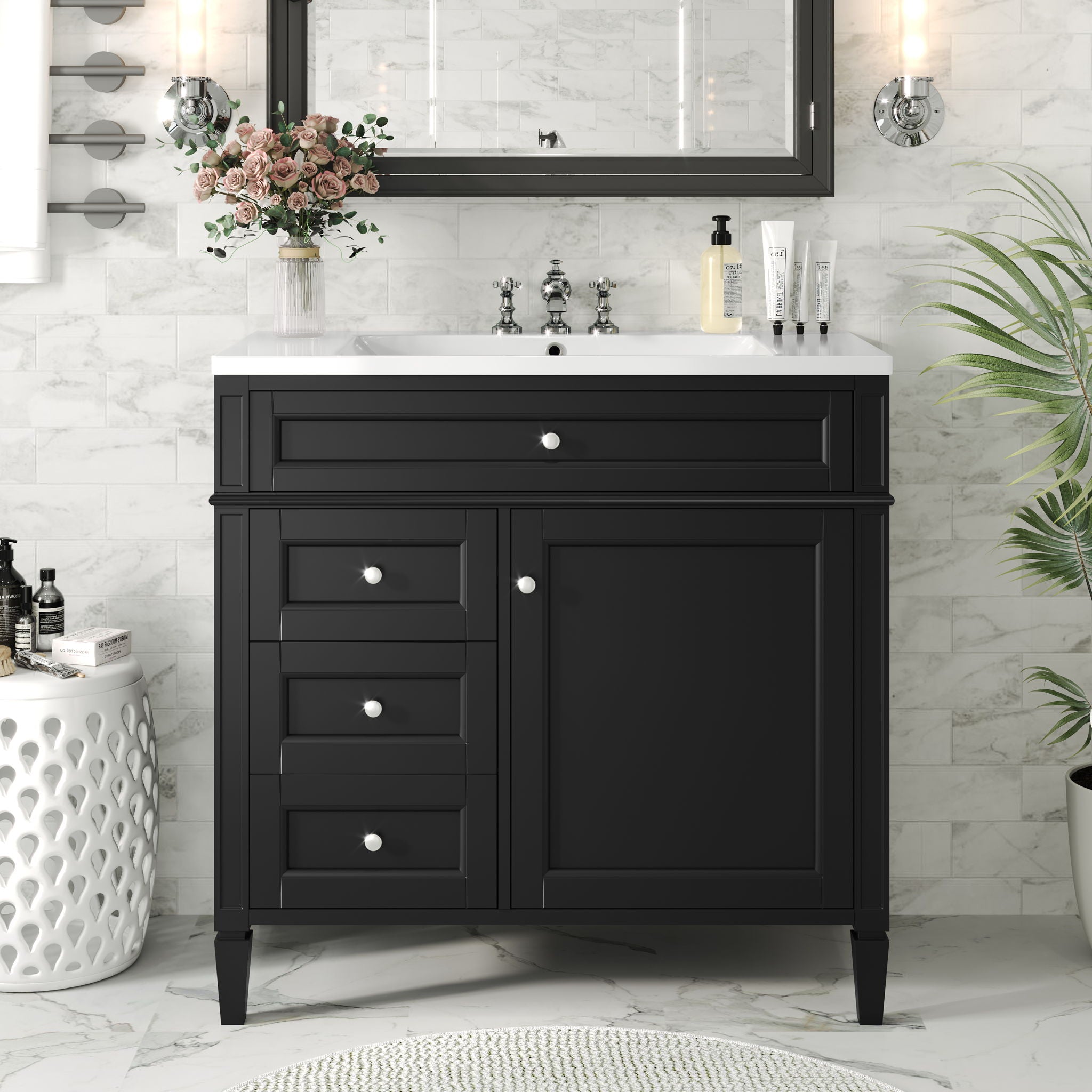 Single Bathroom Basin Sink, Vanity Top Only With 3 Faucet Holes