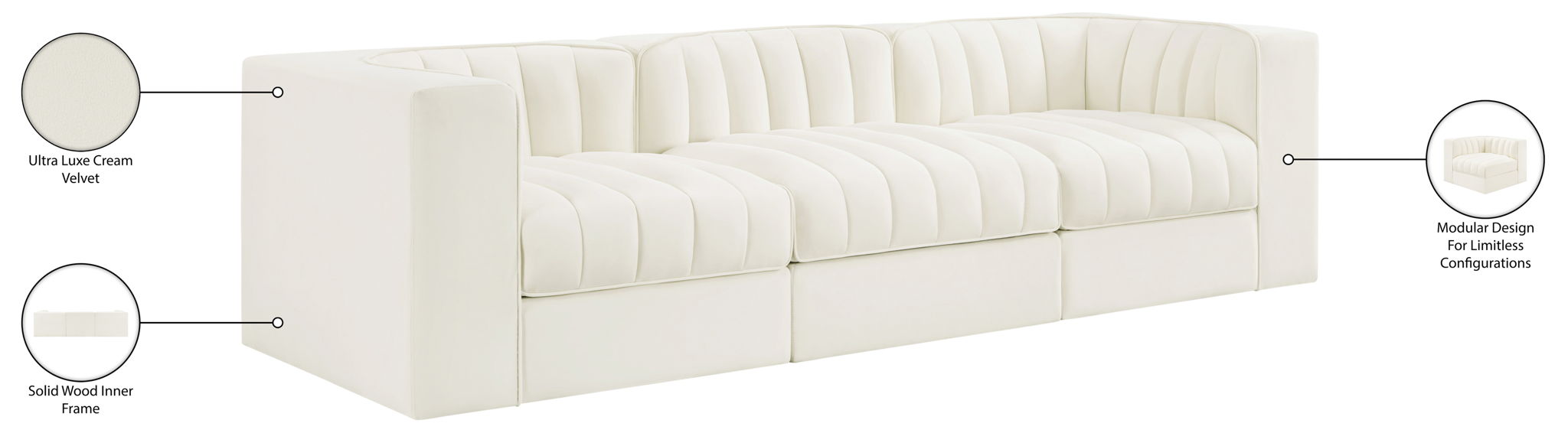 Rummi - Velvet Performance Fabric Upholstered 3 Piece Modular Sofa