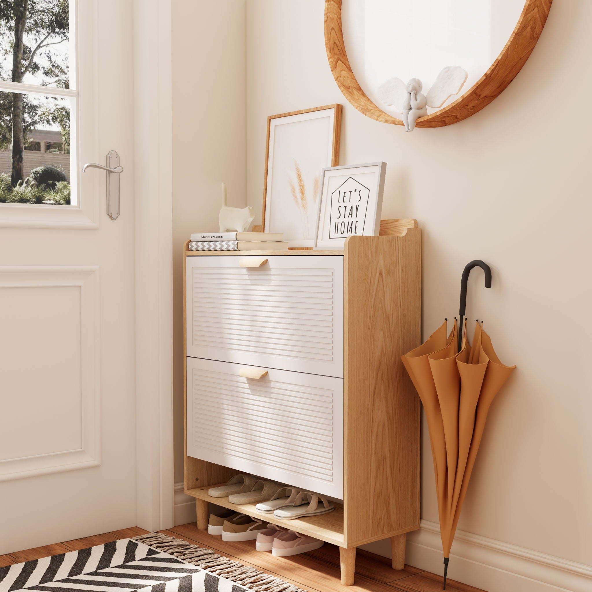 Shoe Storage Cabinet With 2 Flip Drawers, Compact Entryway Organizer - Natural / White
