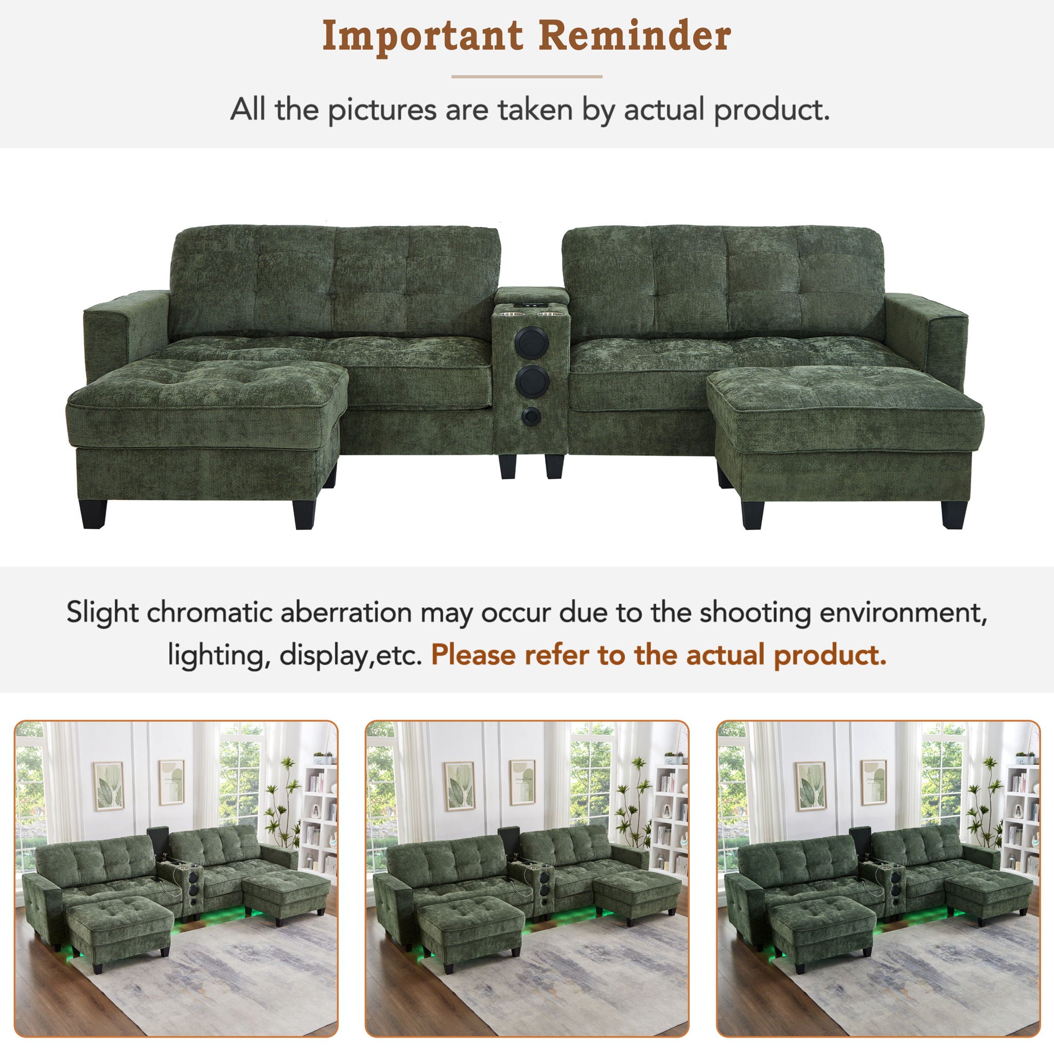 Modern Sectional Sofa U-Shaped With Movable Ottomans, tooth Speakers, LED Lights And Modular Storage