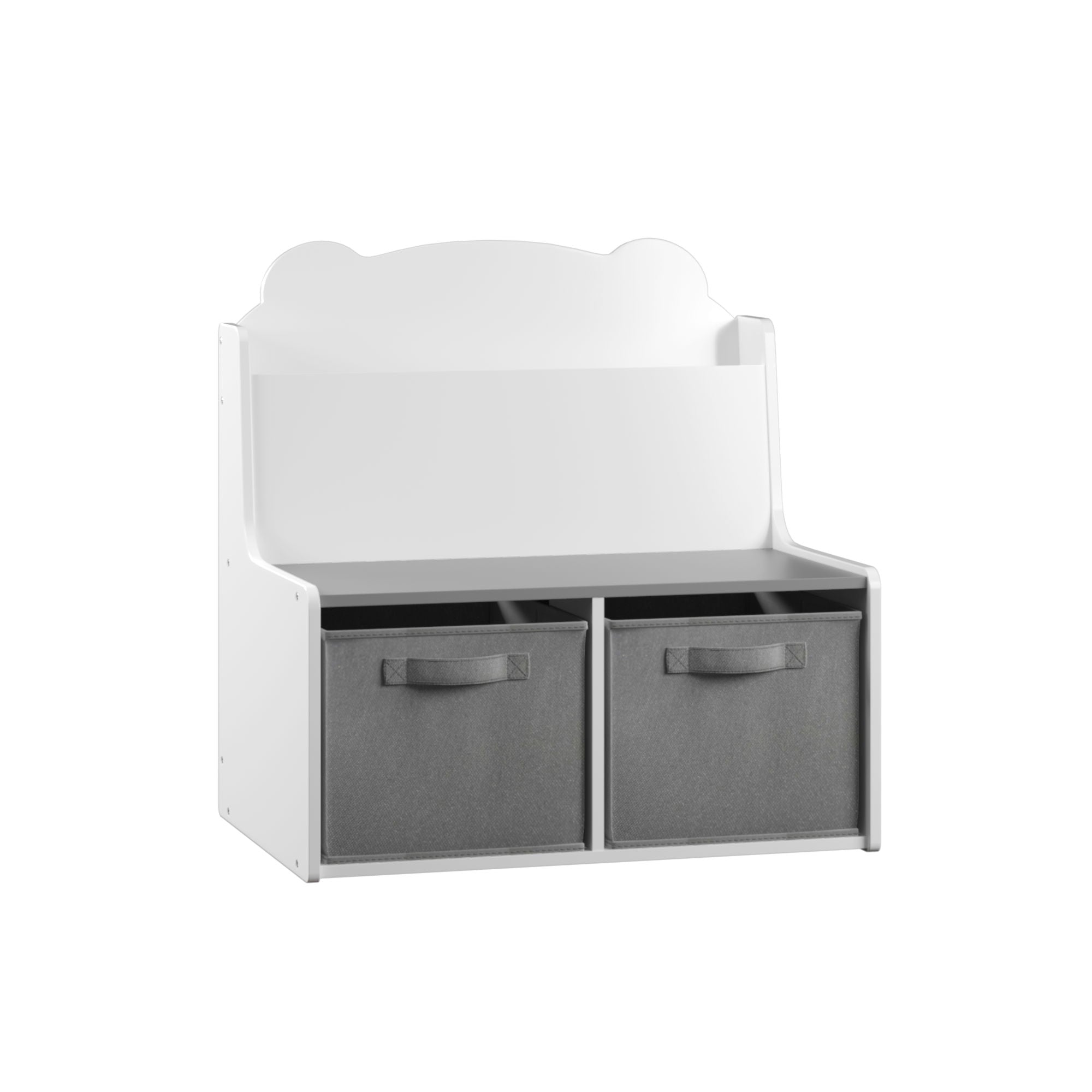 Bookshelf With Storage Bins, Bookcase With Book Display Shelf And 2 Bins, Cute Bear Shaped Backboard, Toy Organizer - White