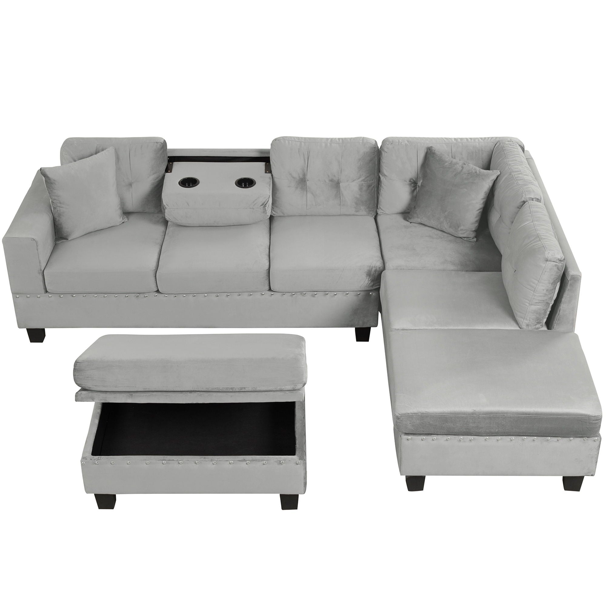 Modern Sectional Sofa With Storage Ottoman, L - Shape Couch With 2 Pillows And Cup Holders