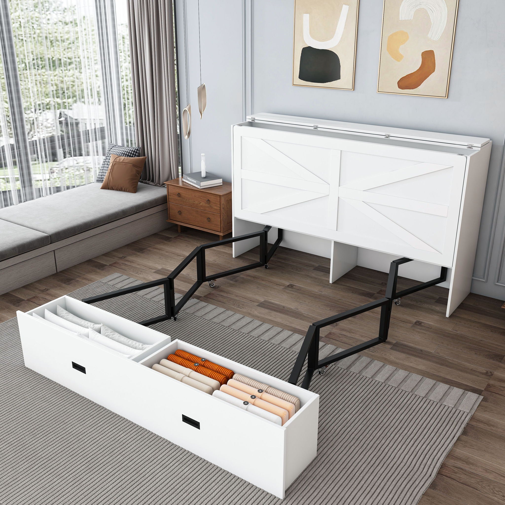 Full Murphy Bed With Storage Drawers, Charging Station, Foldable Panels, And Silent Swivel Wheels