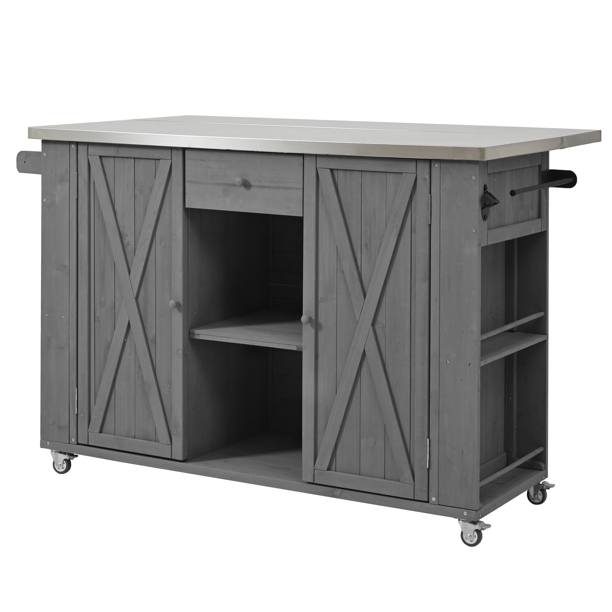 Outdoor Kitchen Island With Stainless Steel Top, Ample Storage Space, Towel And Spice Racks And A Bottle Opener