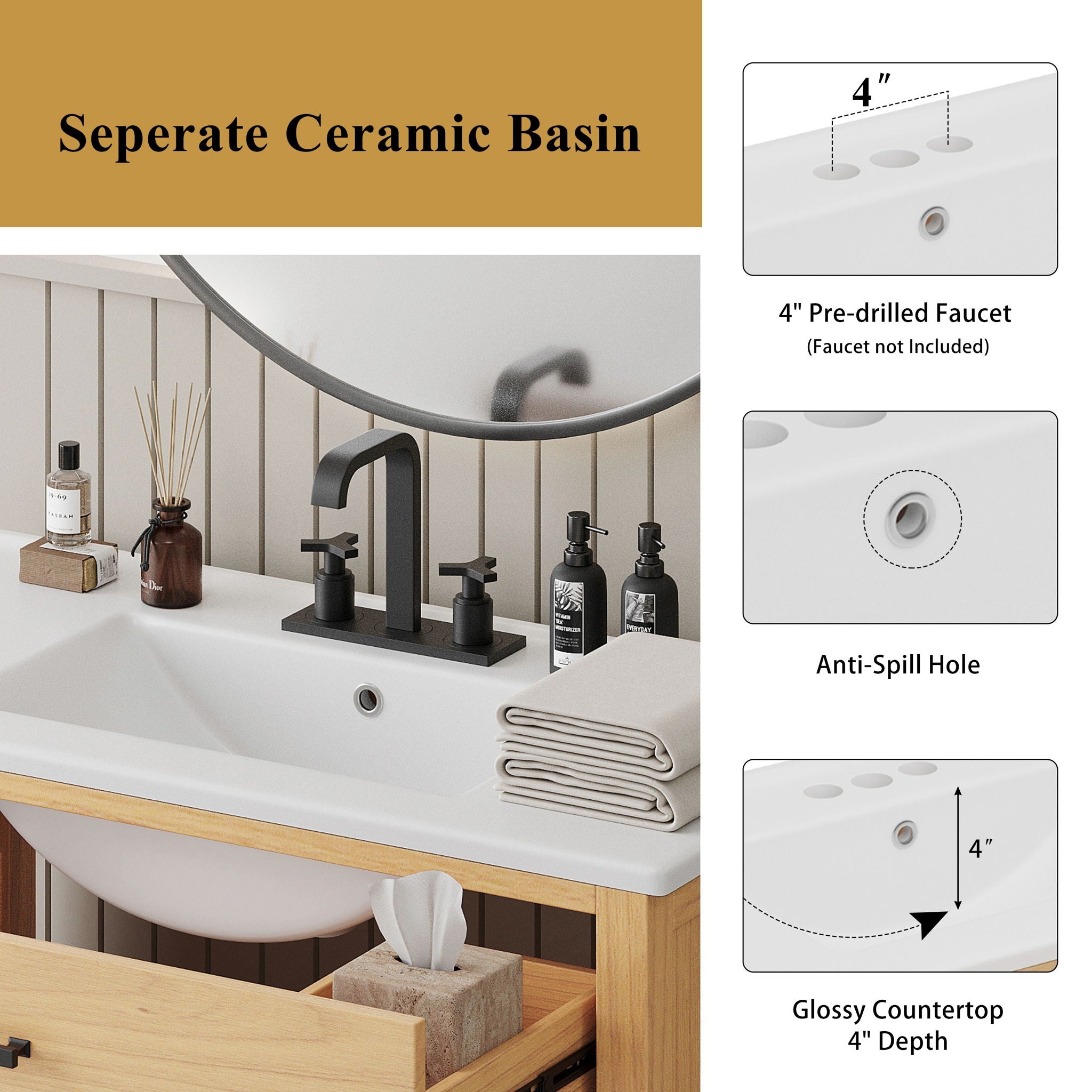 Bathroom Vanity With Ceramic Sink, Modern Free Standing Cabinet With Soft Close Drawers