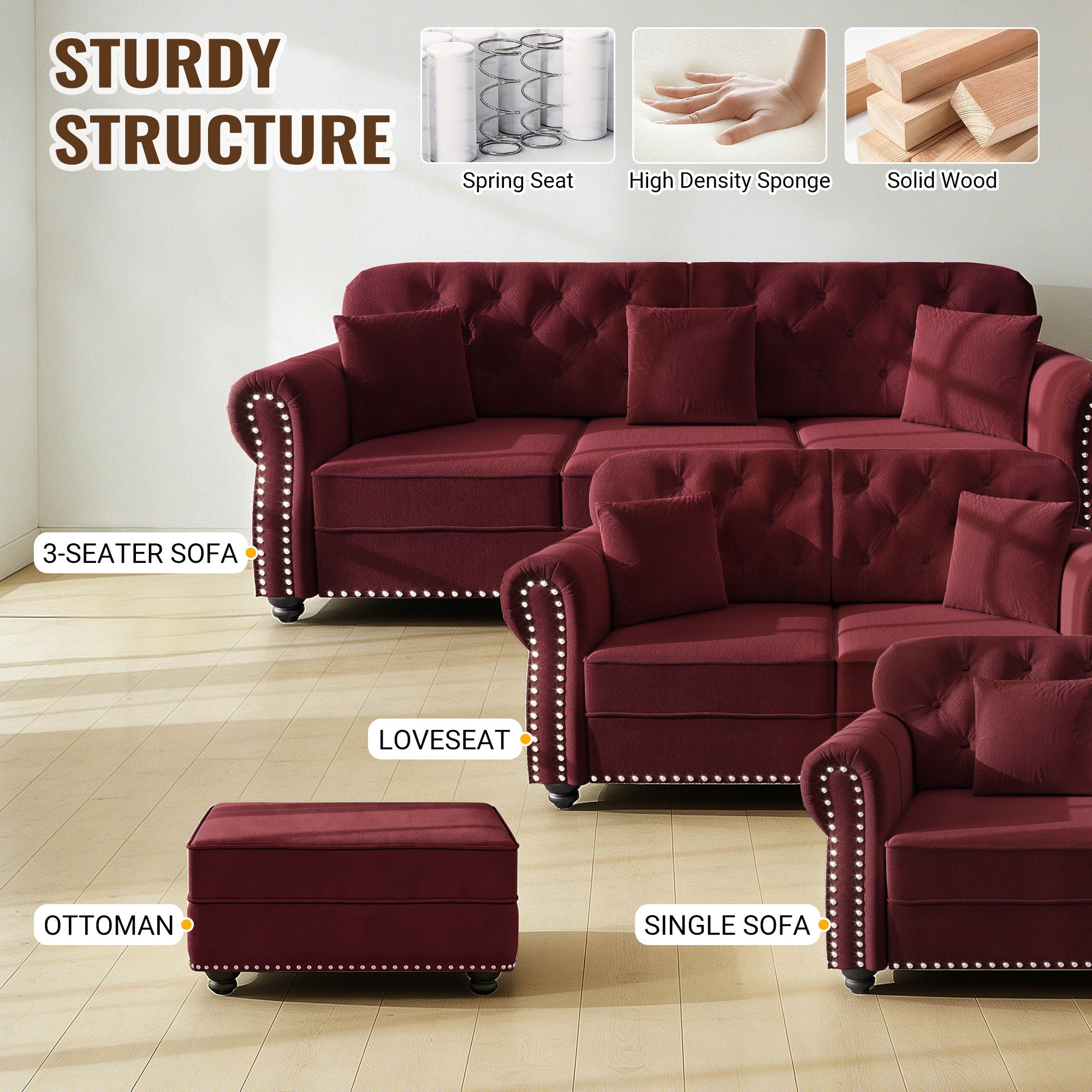 Upholstered Sofa Set With Nailhead Trim And Rolled Armrests, Includes Pillows