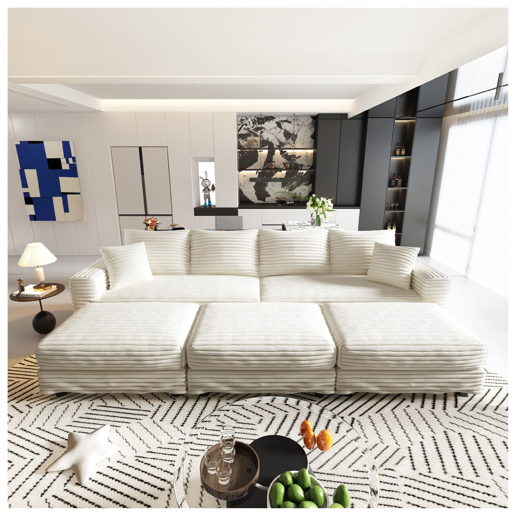 Deep Seat Convertible Sofa With Soft Pillows And Ottomans