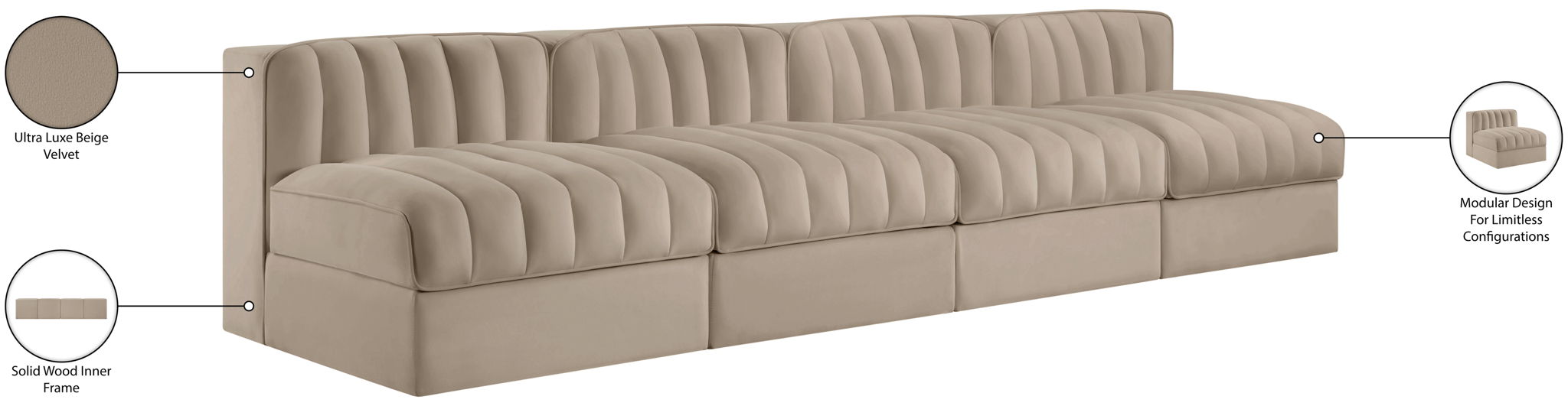Rummi - Armless Velvet Performance Fabric Upholstered 4 Piece Modular Sofa