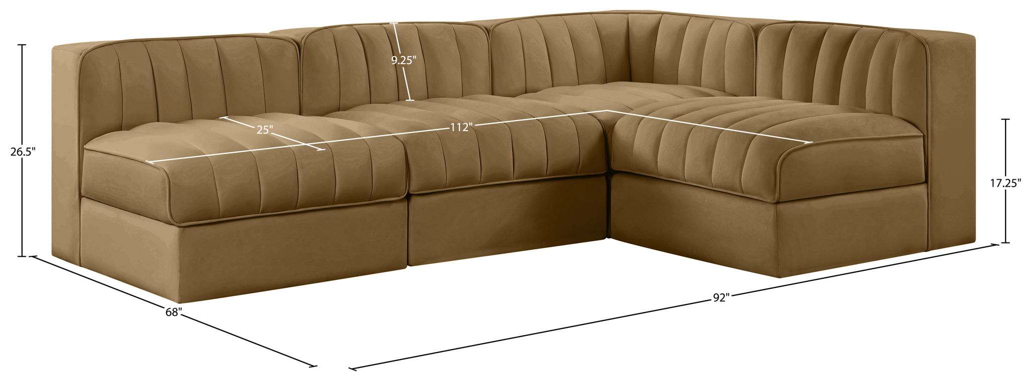 Rummi - Armless Velvet Performance Fabric Upholstered 4 Piece Modular Sectional