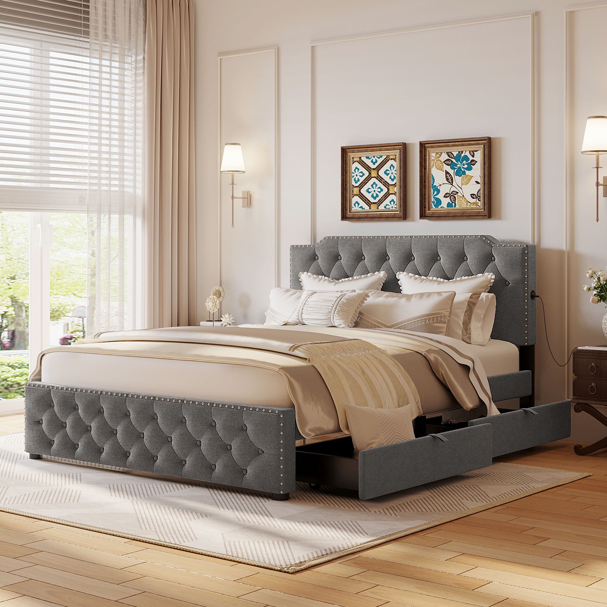 Upholstered Platform Bed With 2 Drawers And 2 Sets Of USB Ports On Each Side, Fabric