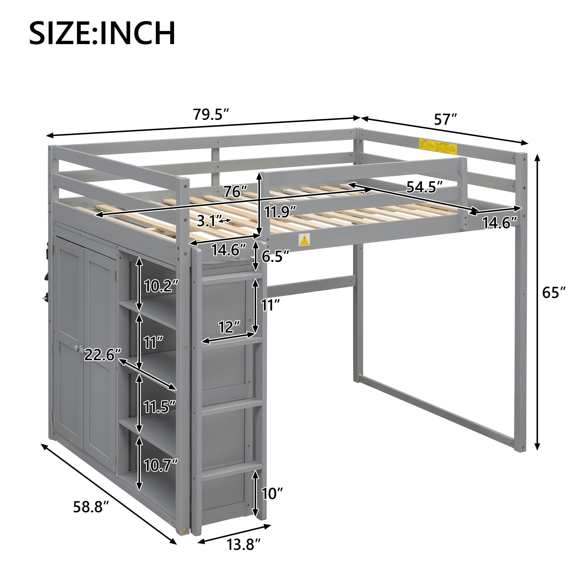 Loft Bed With Built In Wardrobe, Storage Shelves, And LED Light