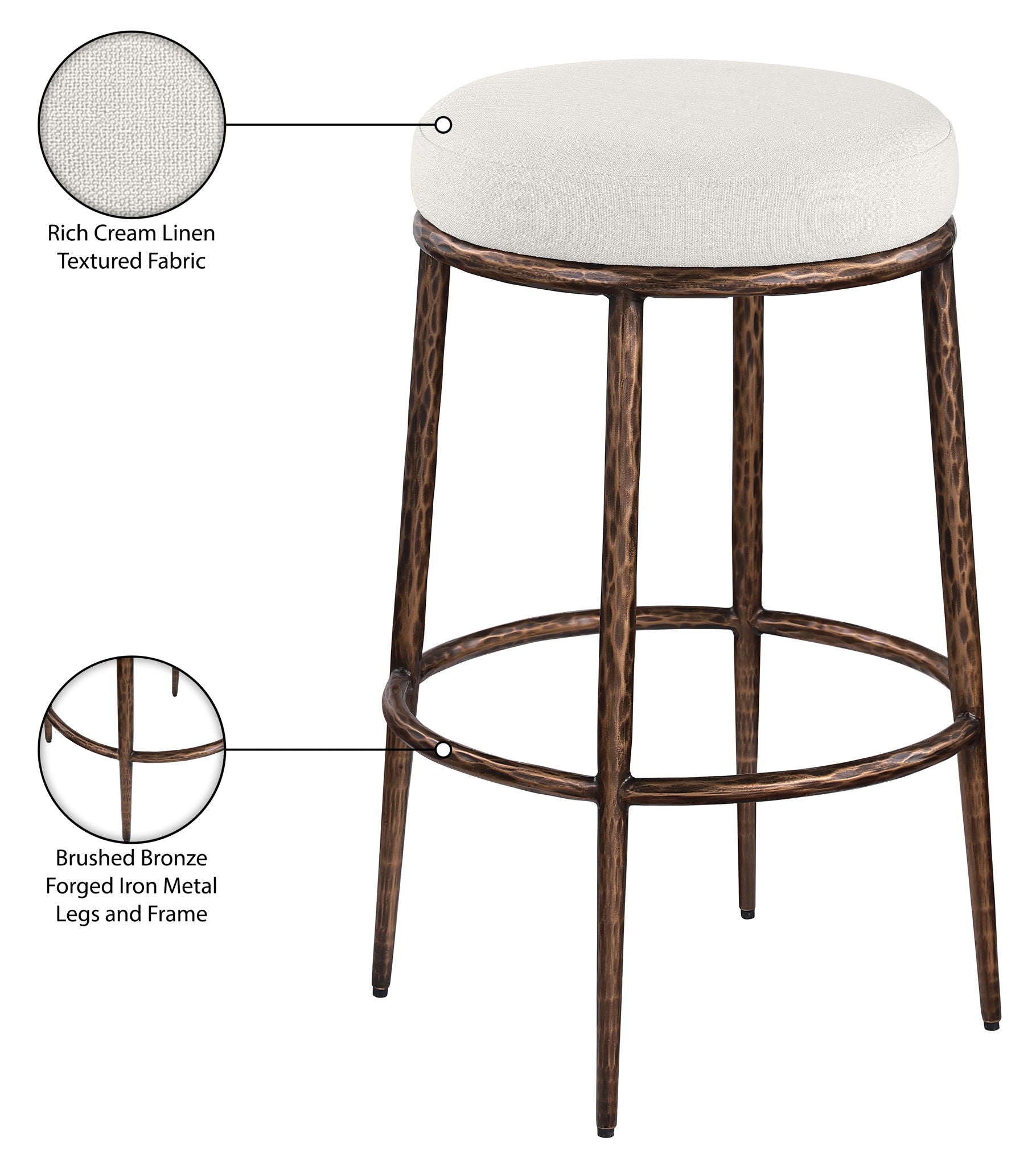 Ferro - Performance Fabric Upholstered Backless Bar Stool - Cream / Antique Bronze