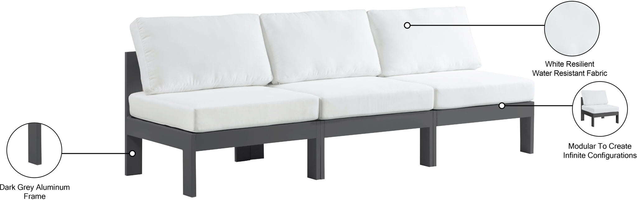 Nizuc - Outdoor Patio 3 Seat Armless Modular Sofa With Gray Frame