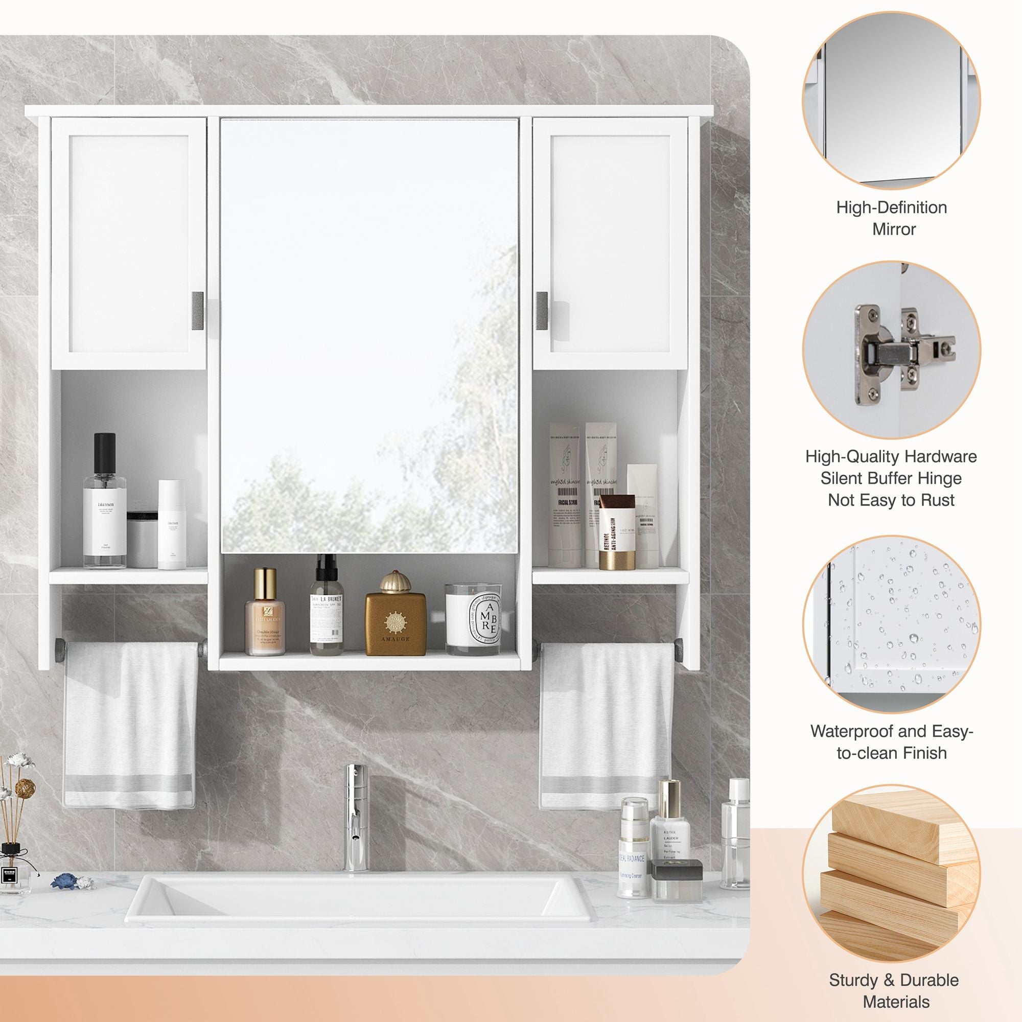 Wall Mounted Bathroom Storage Cabinet With Mirror, Medicine Cabinet With Towel Bar