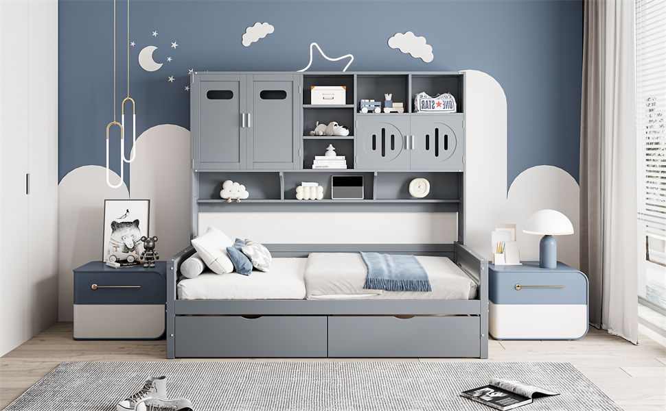 Daybed With All-In-One Cabinet And Shelf