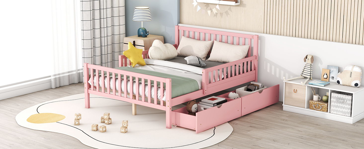 Platform Bed With Guardrails On Both Sides And 2 Storage Drawers