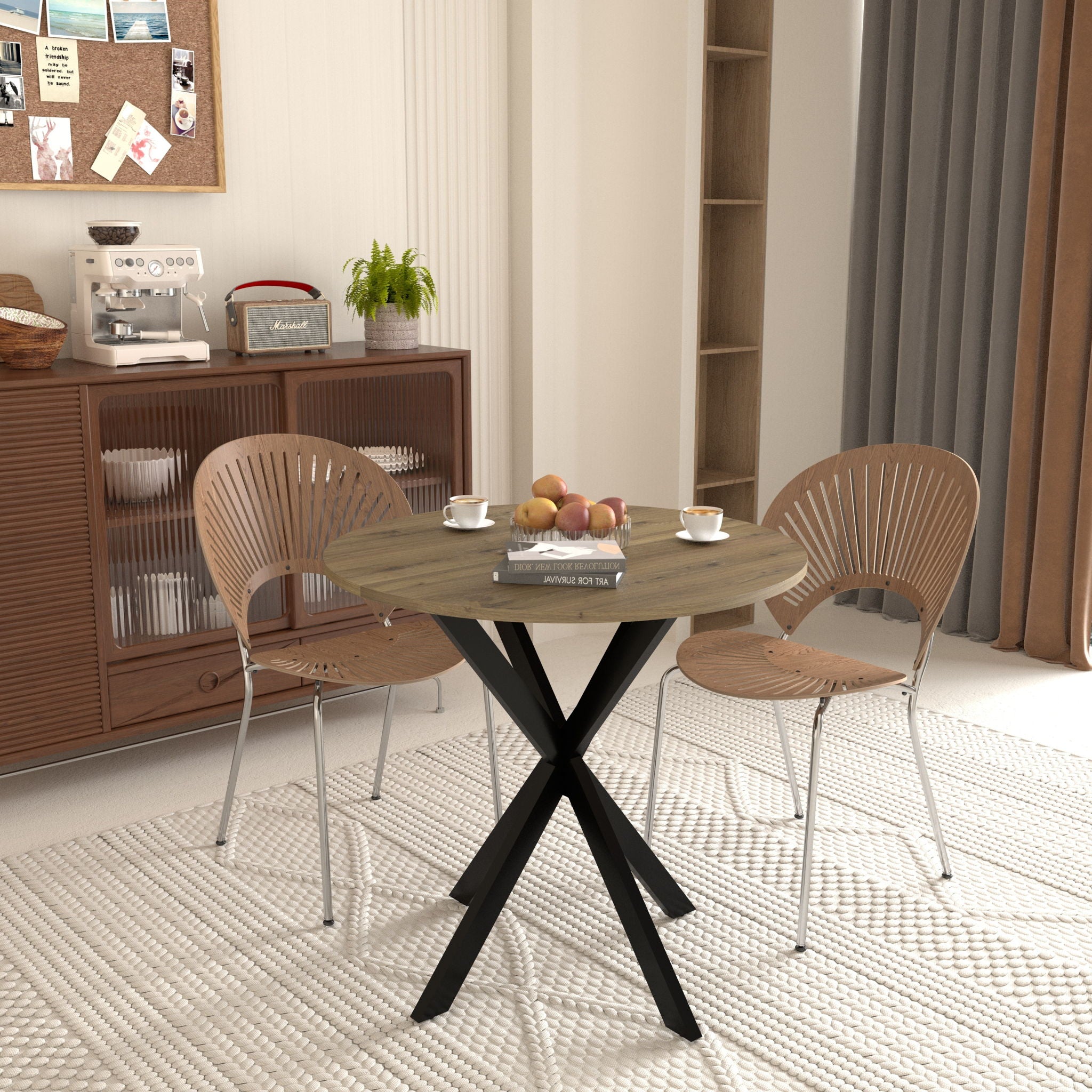 Round Dining Table For 2 - 4 People, Compact Kitchen Or Dining Room - Rustic Brown