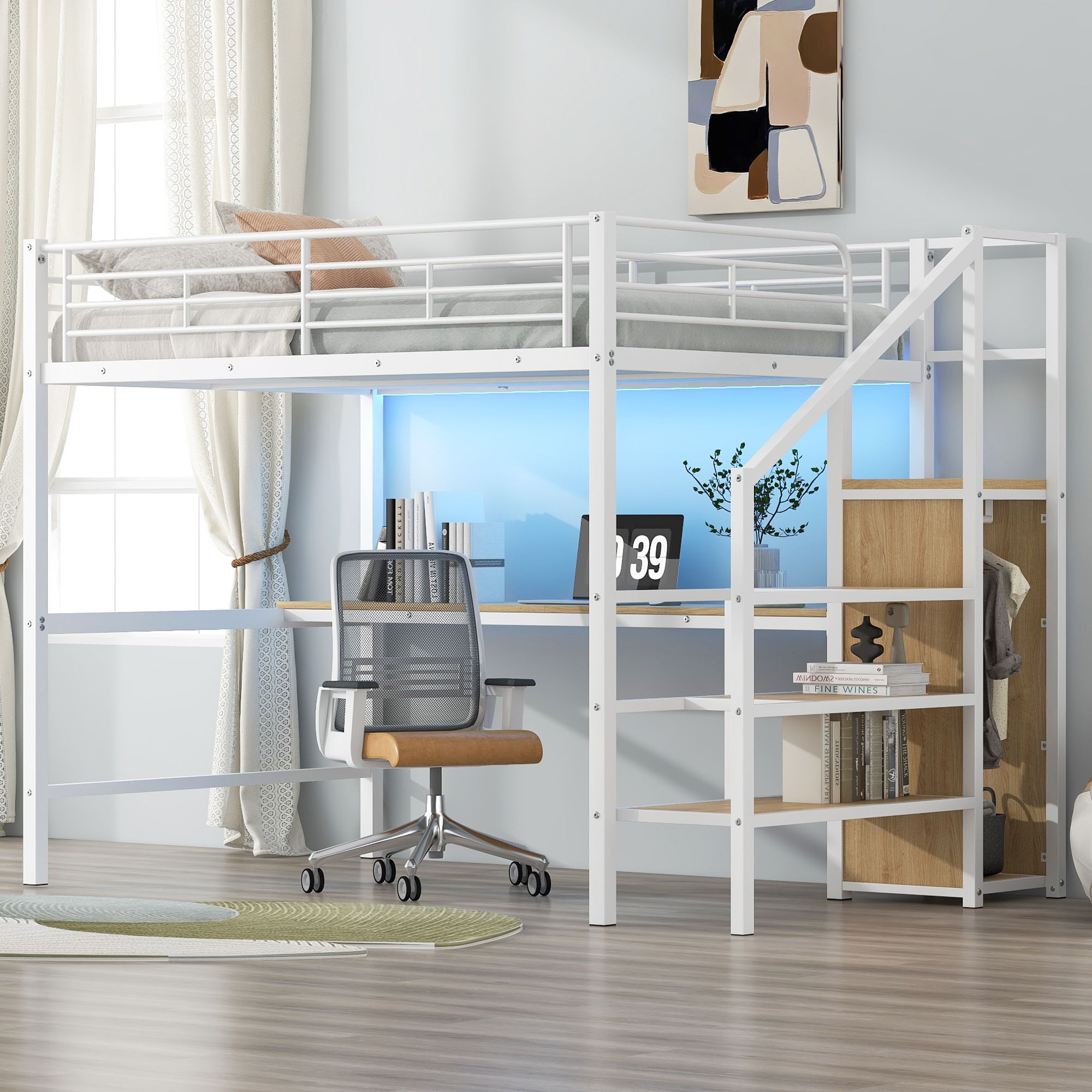 Loft Bed With Desk, Storage Staircase, Small Wardrobe And LED Light