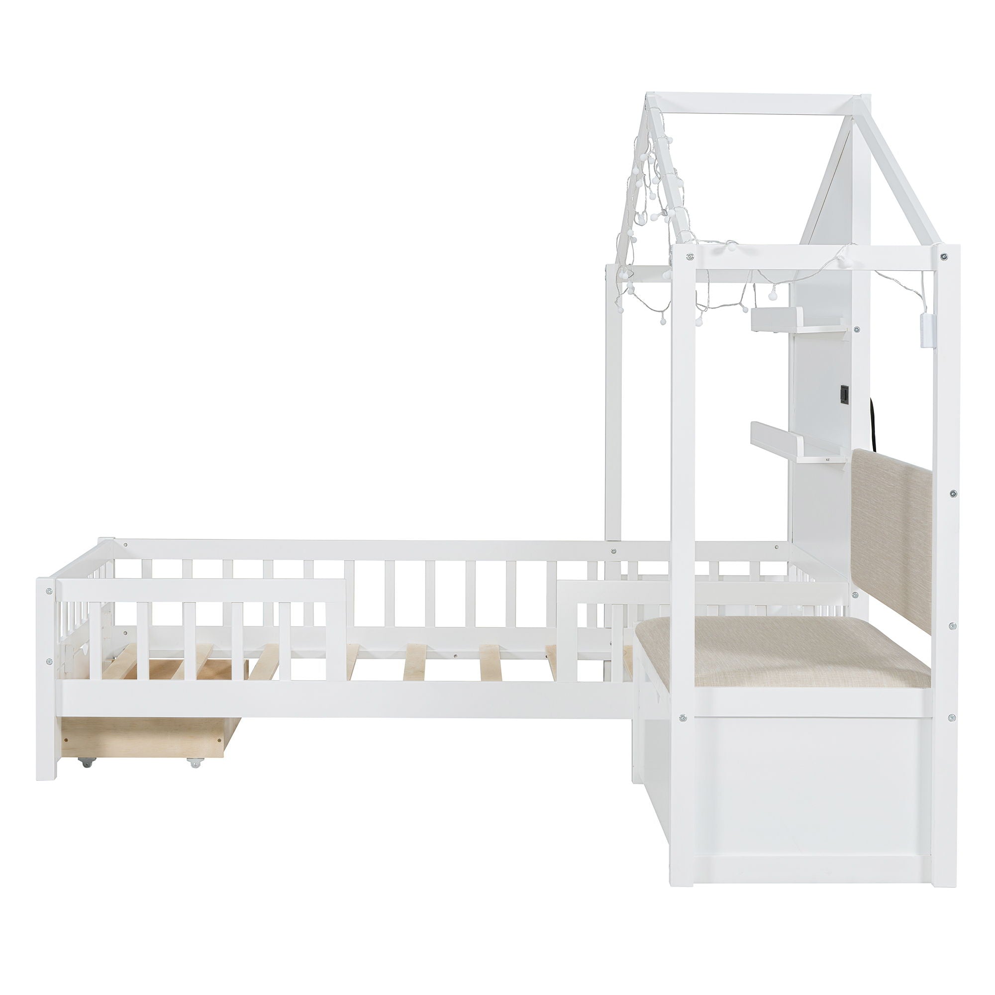 House Bed With Upholstered Sofa, Wireless Charging Station, Shelves And 2 Drawers