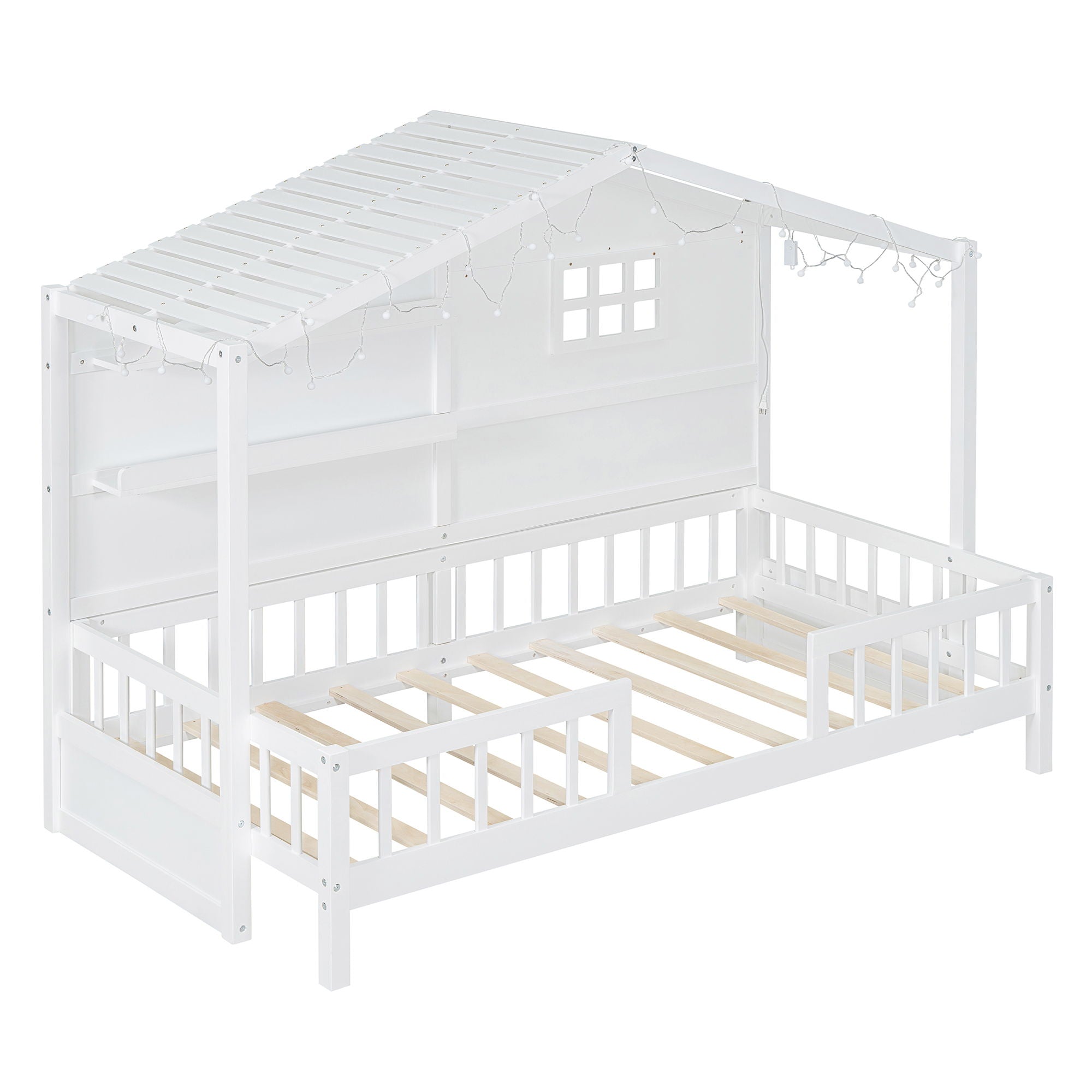 House Bed With Shelves, Window And Sparkling Light Strip On The Roof