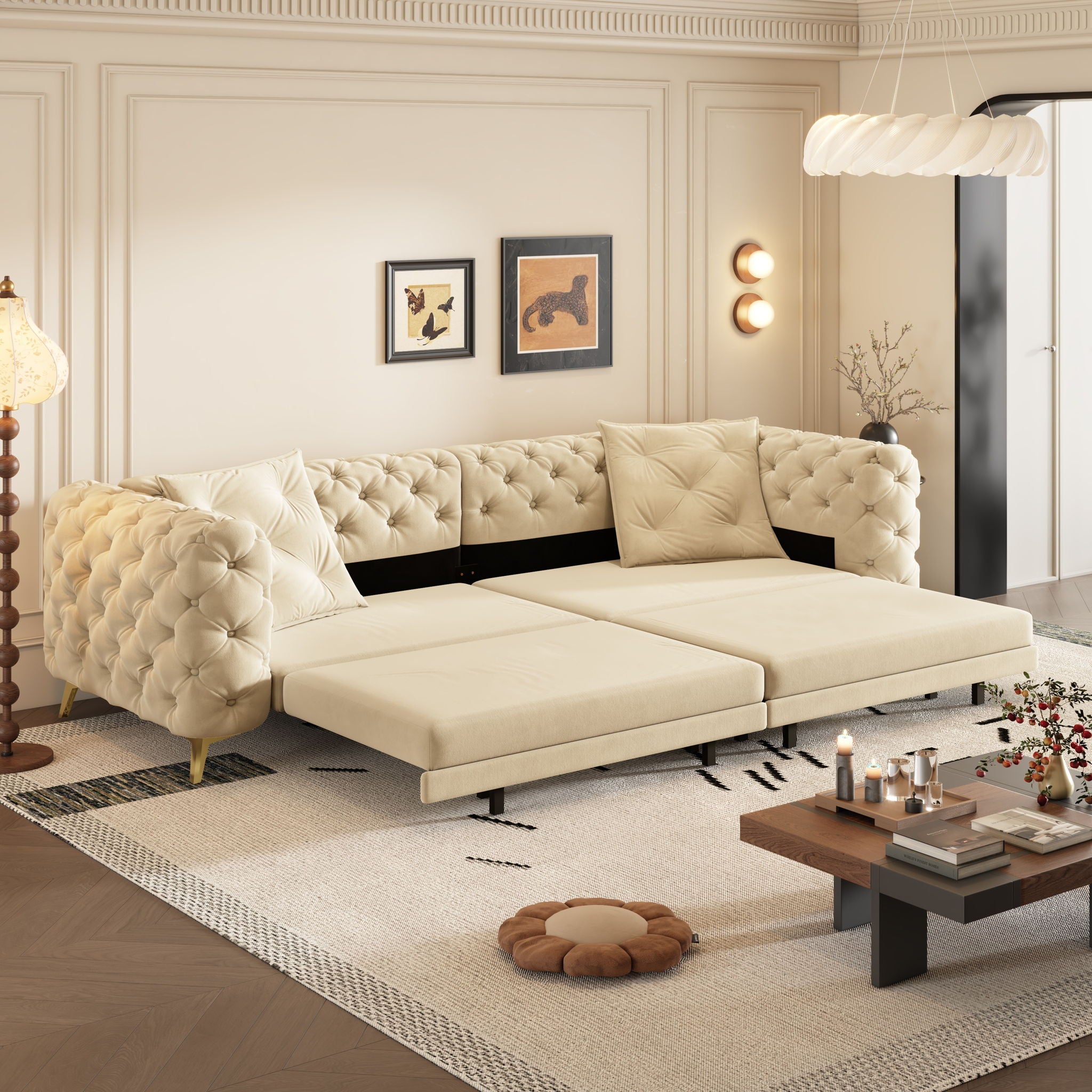 3 In 1 Convertible Sleeper Sofa, Pull Out Bed, Button Tufted, 4 Seater Couch With Movable Ottoman For Apartment - Apricot