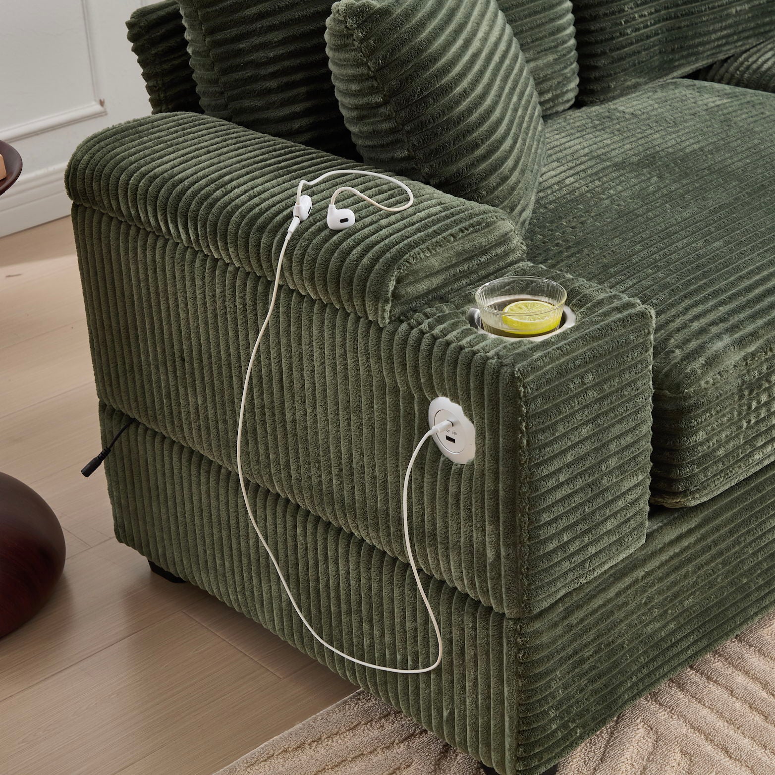 Convertible Sectional Sofa Bed Set With Armrest Storage, Cup Holder, USB, 4 Seater - Green