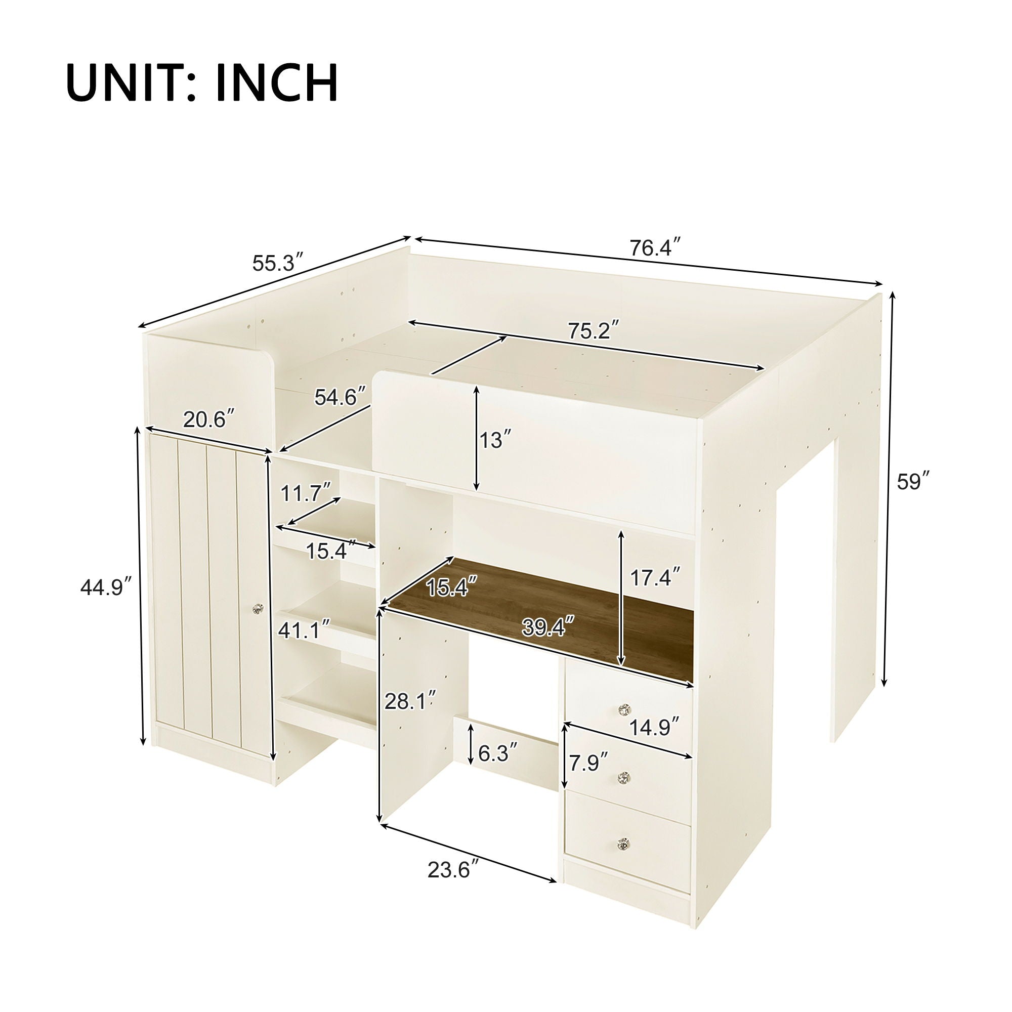 Loft Bed With Built In Wardrobe, Desk, Shelves, And Drawers