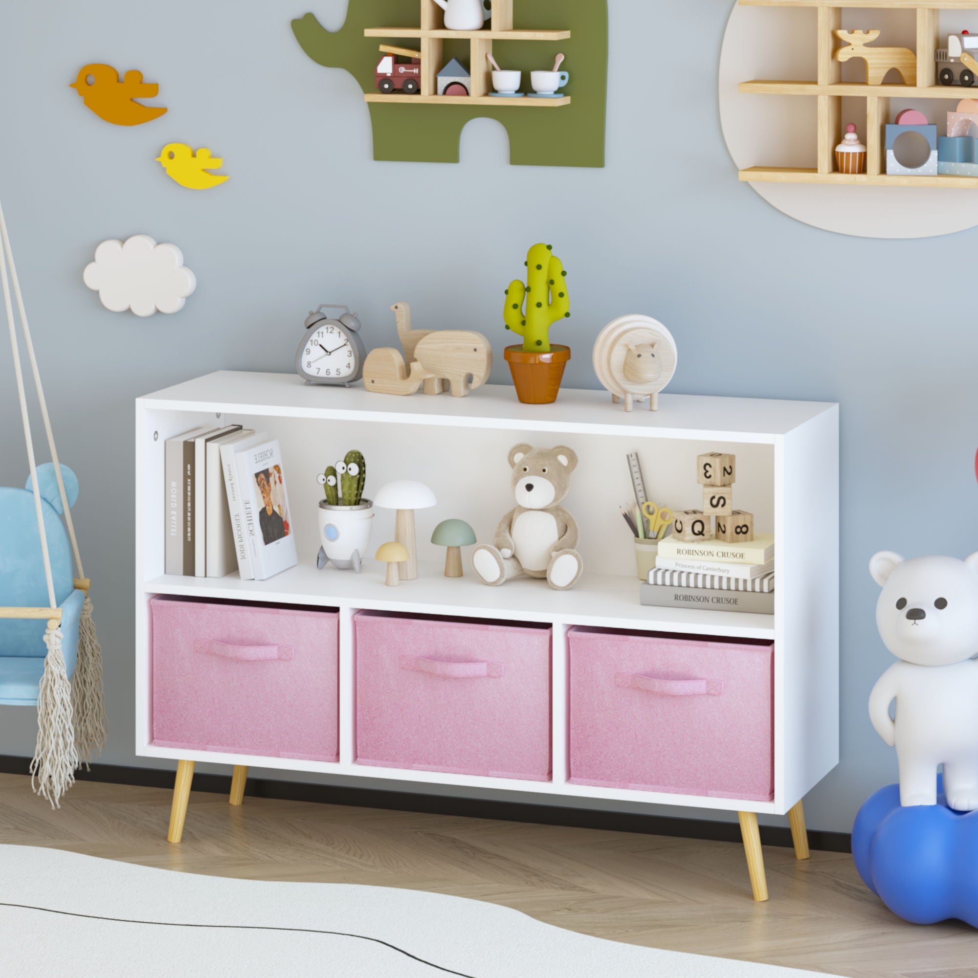 Bookcase With Collapsible Drawers, Book Display Organizer