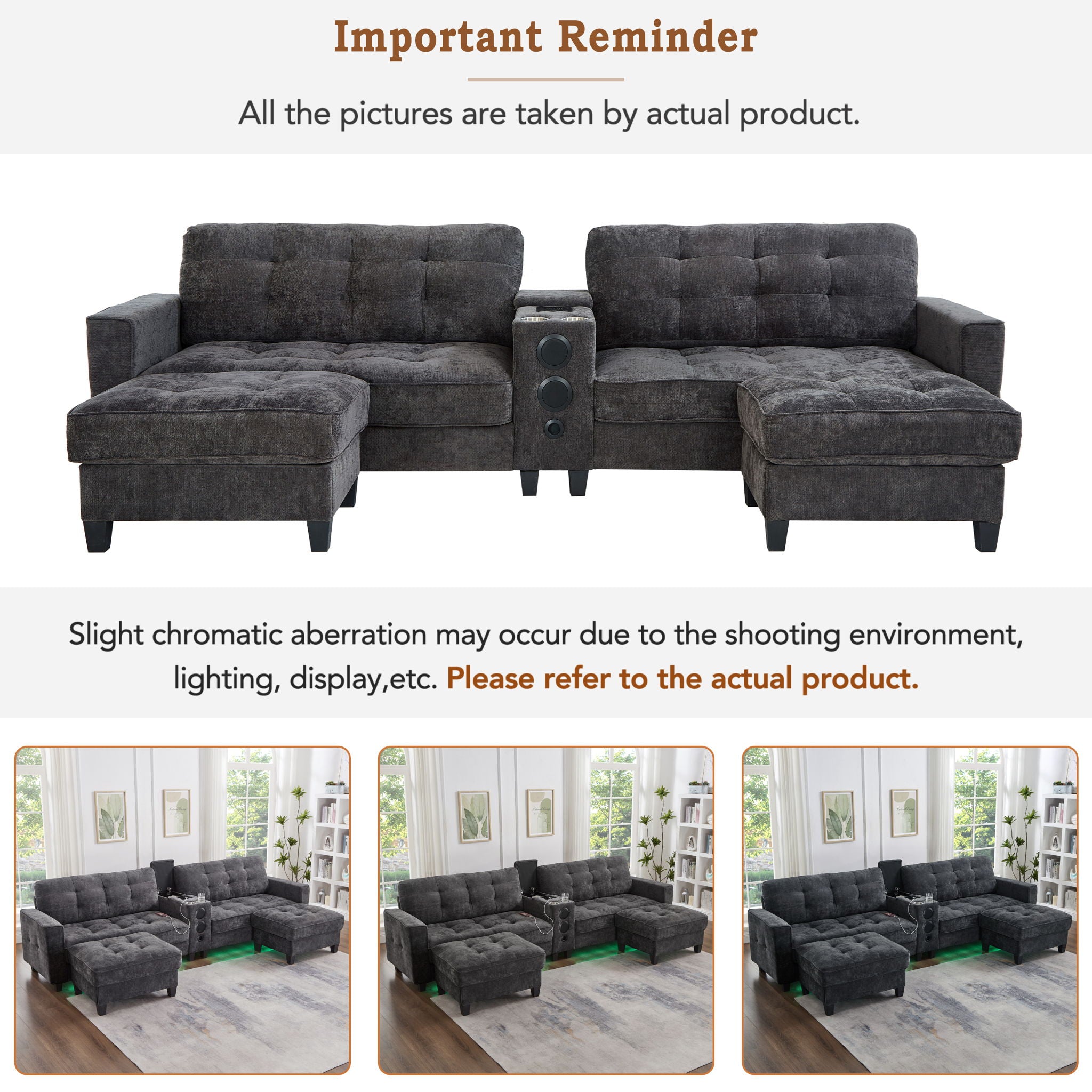 Modern Sectional Sofa U-Shaped With Movable Ottomans, tooth Speakers, LED Lights And Modular Storage