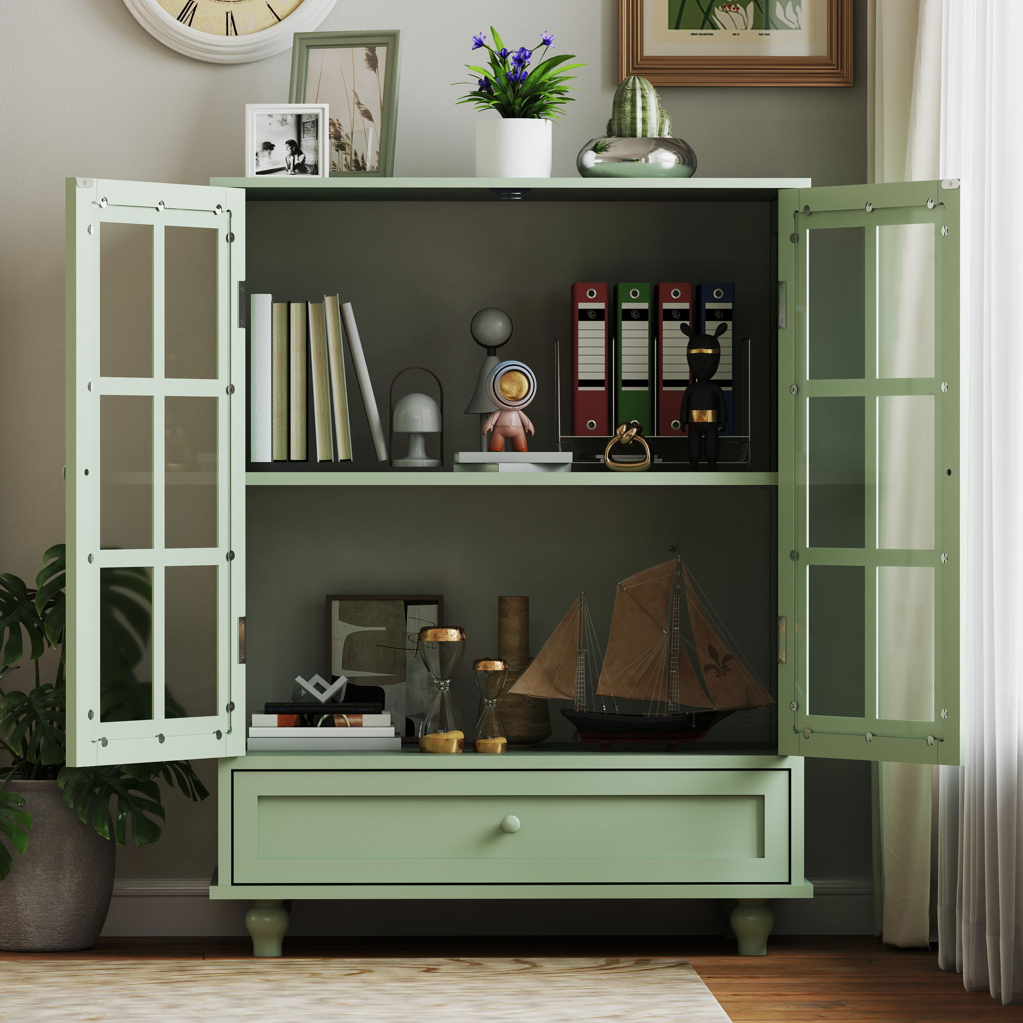 Minimalist Buffet Cabinet With Double Glass Doors And Drawer