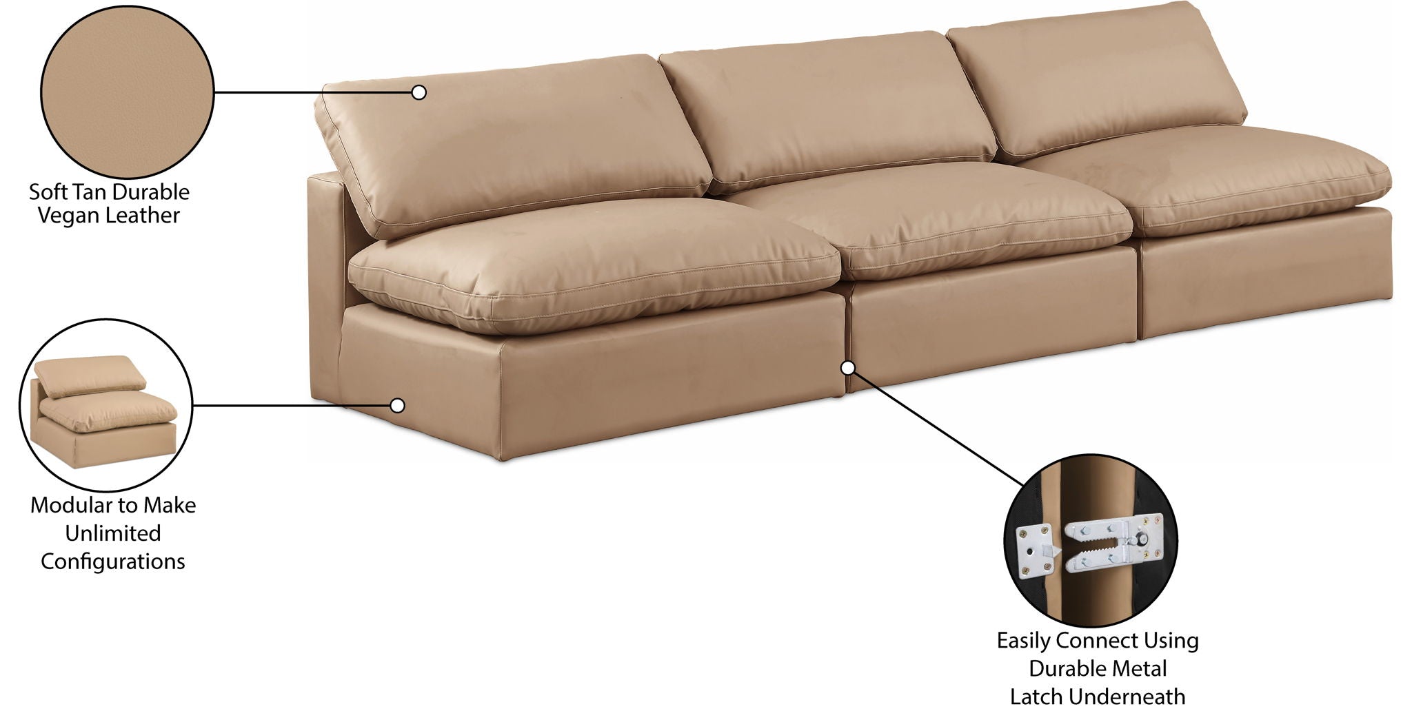 Comfy - Faux Leather Modular Armless Sofa 3 Pieces - Tan