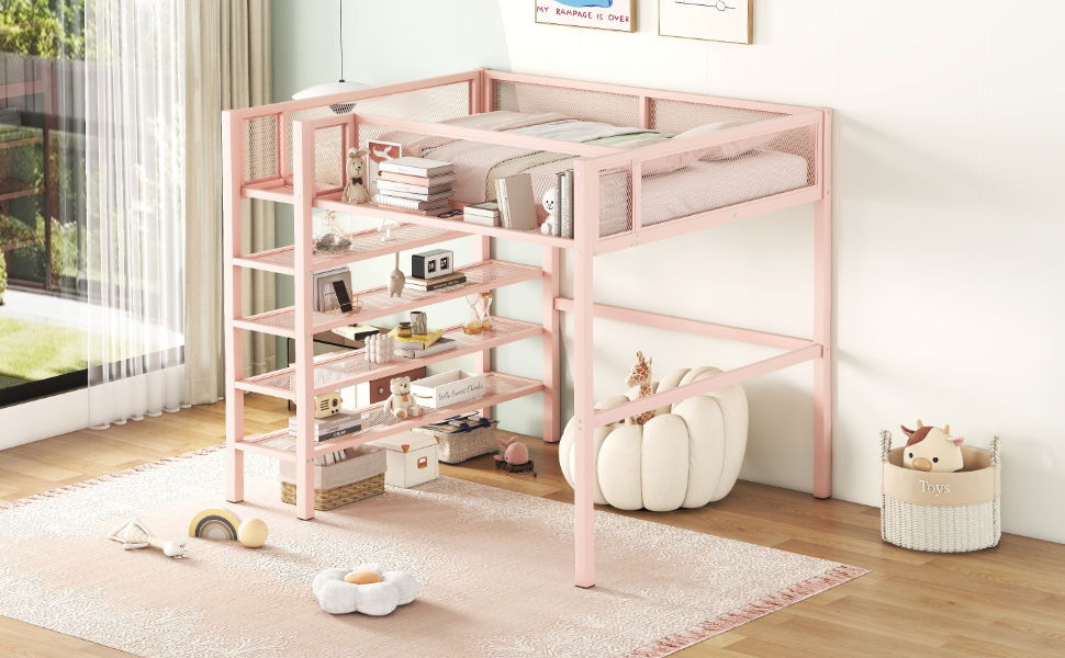 Loft Bed With 4 Tier Shelves And Storage